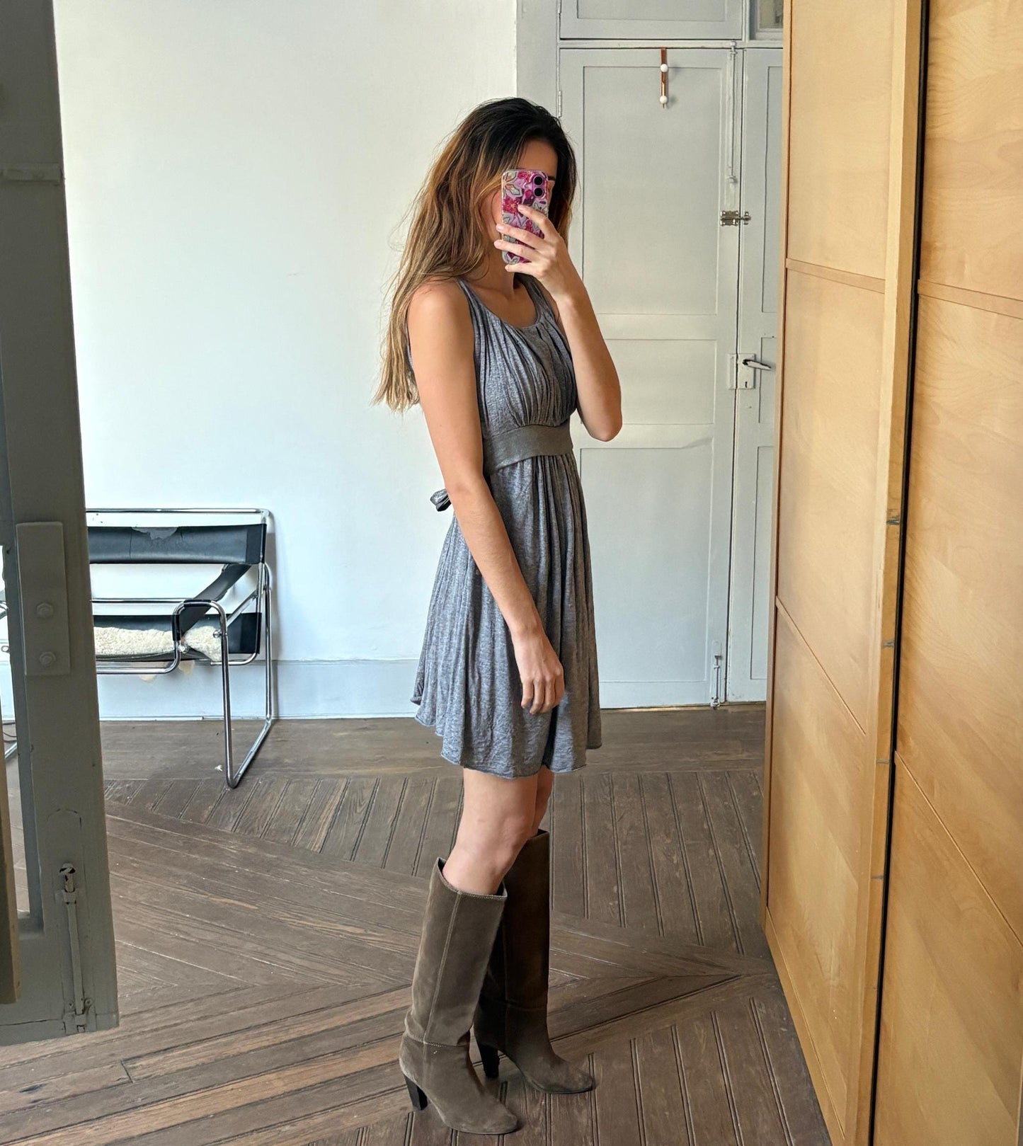 Vintage Maje Paris elegant grey midi dress, Silk and wool blend formal French designer dress, US 4–6