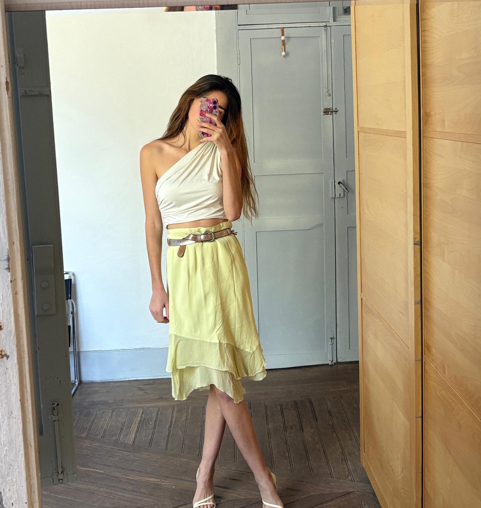 Vintage Marta Palmieri Green Skirt Made in Italy, Plus Size 18 / Dutch 46, High or Low Waist, Flowing Boho Style, Wedding guest skirt, US 18