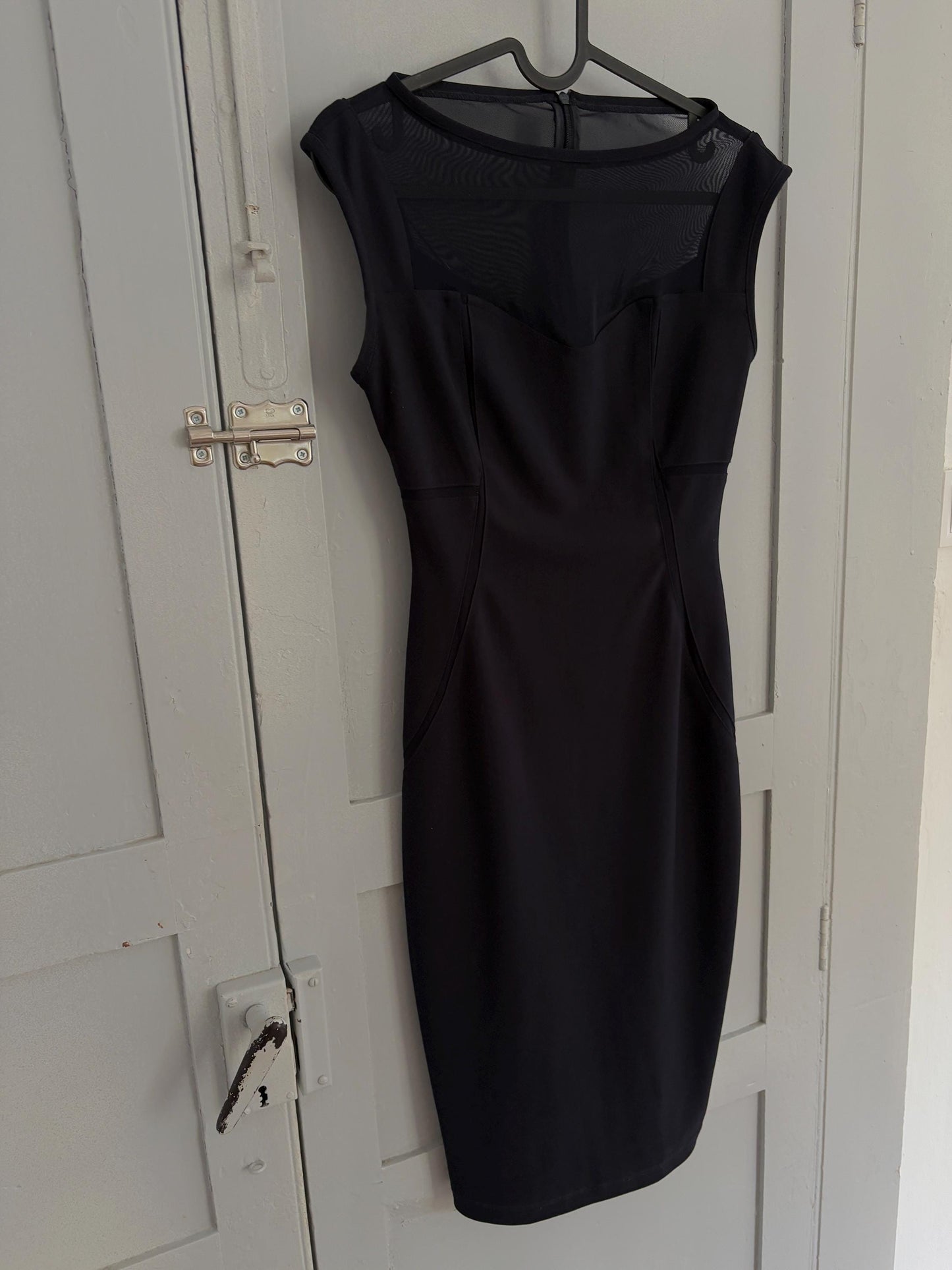 Vinte dark blue ADOLFO DOMINGUEZ pencil dress, Luxury designer tight dress with sheer neckline, XS