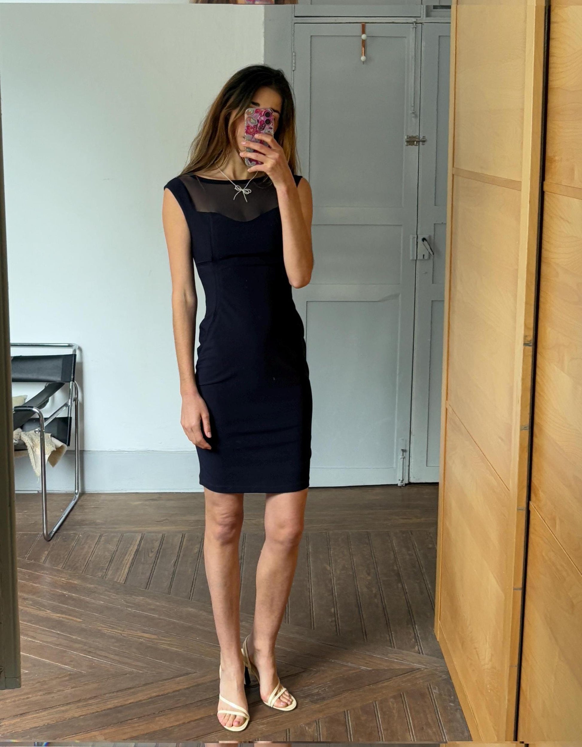 Vinte dark blue ADOLFO DOMINGUEZ pencil dress, Luxury designer tight dress with sheer neckline, XS
