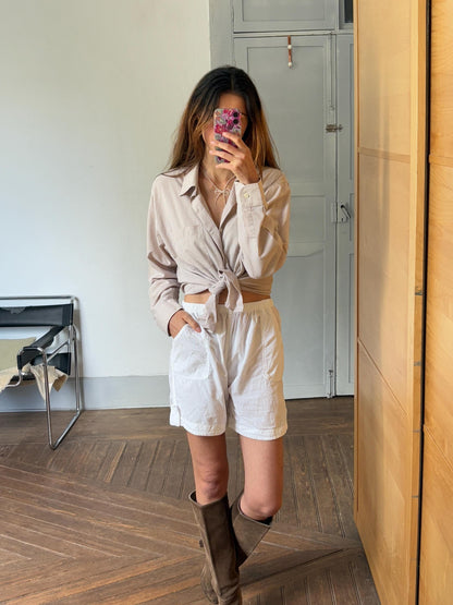 Vintage Beige Boyfriend Oxford Shirt — fabric close-up