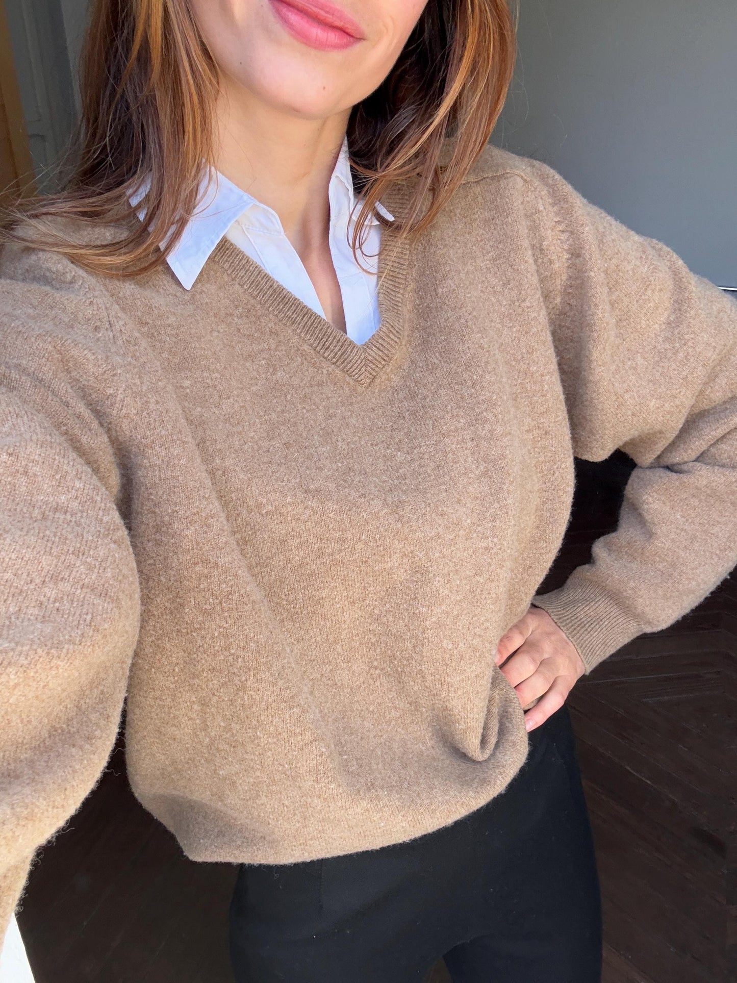 Light academia vintage brown pullover, 100 % lambs wool winter sweater, Cozy tan autumn knit, Size M