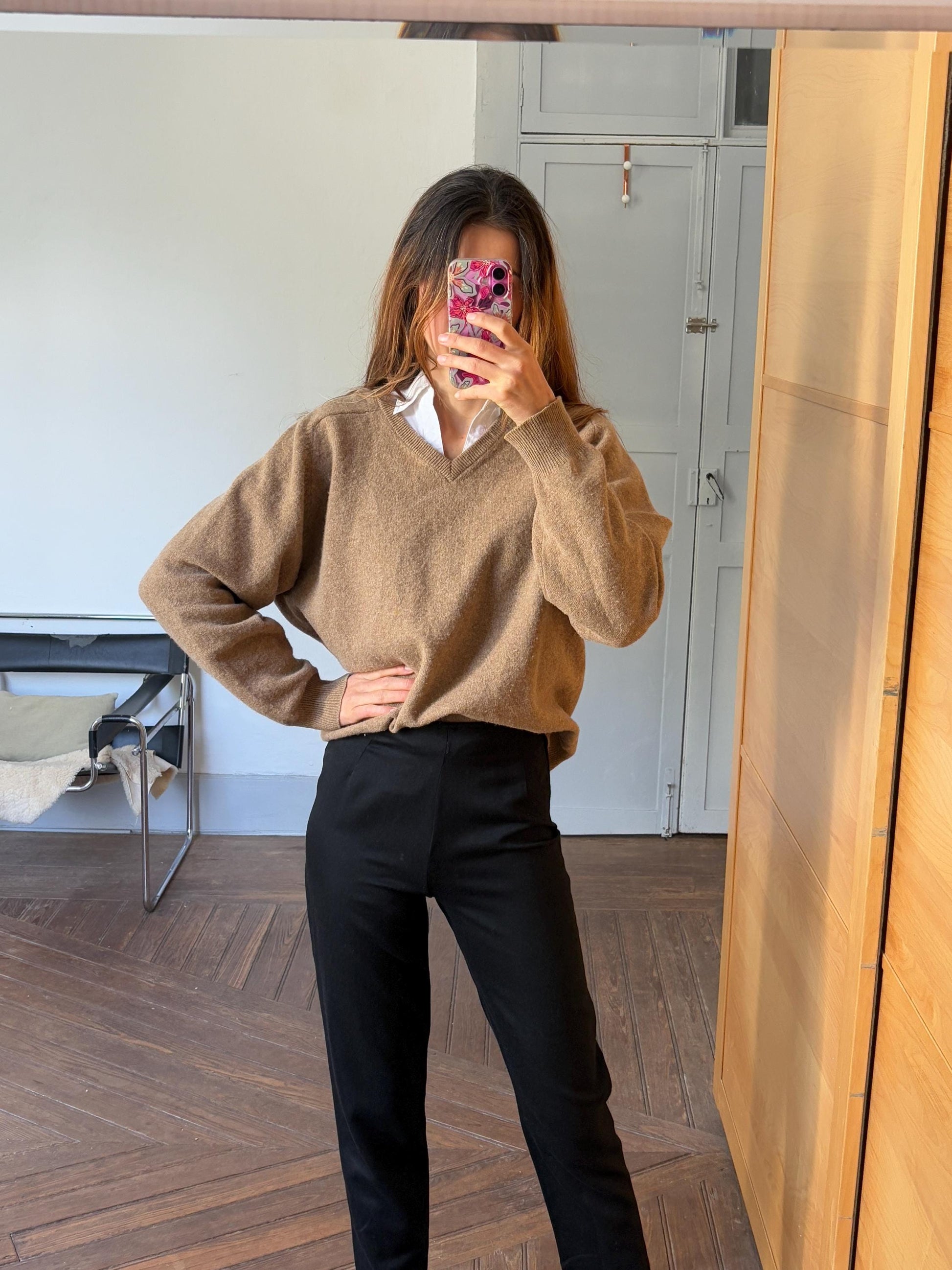 Light academia vintage brown pullover, 100 % lambs wool winter sweater, Cozy tan autumn knit, Size M