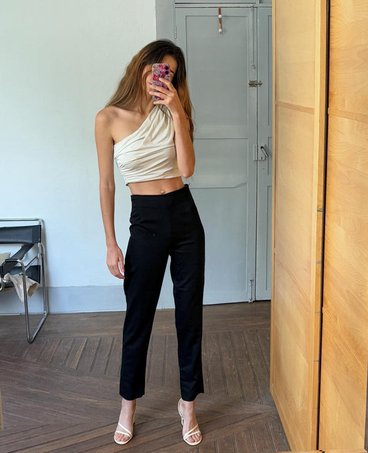 Vintage 100 % wool luxury trousers, Black high waist Italian designer pants, Made in Italy cropped pants