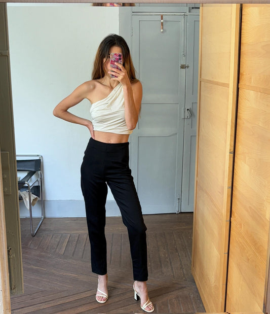 Vintage 100 % wool luxury trousers, Black high waist Italian designer pants, Made in Italy cropped pants