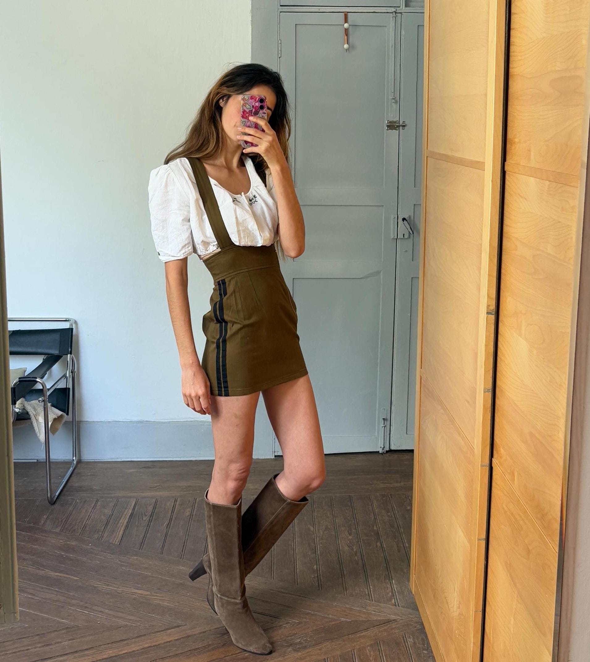 Vintage Stefanel kaki skirt with straps, Sexy tight mini skirt, Italian designer fashion