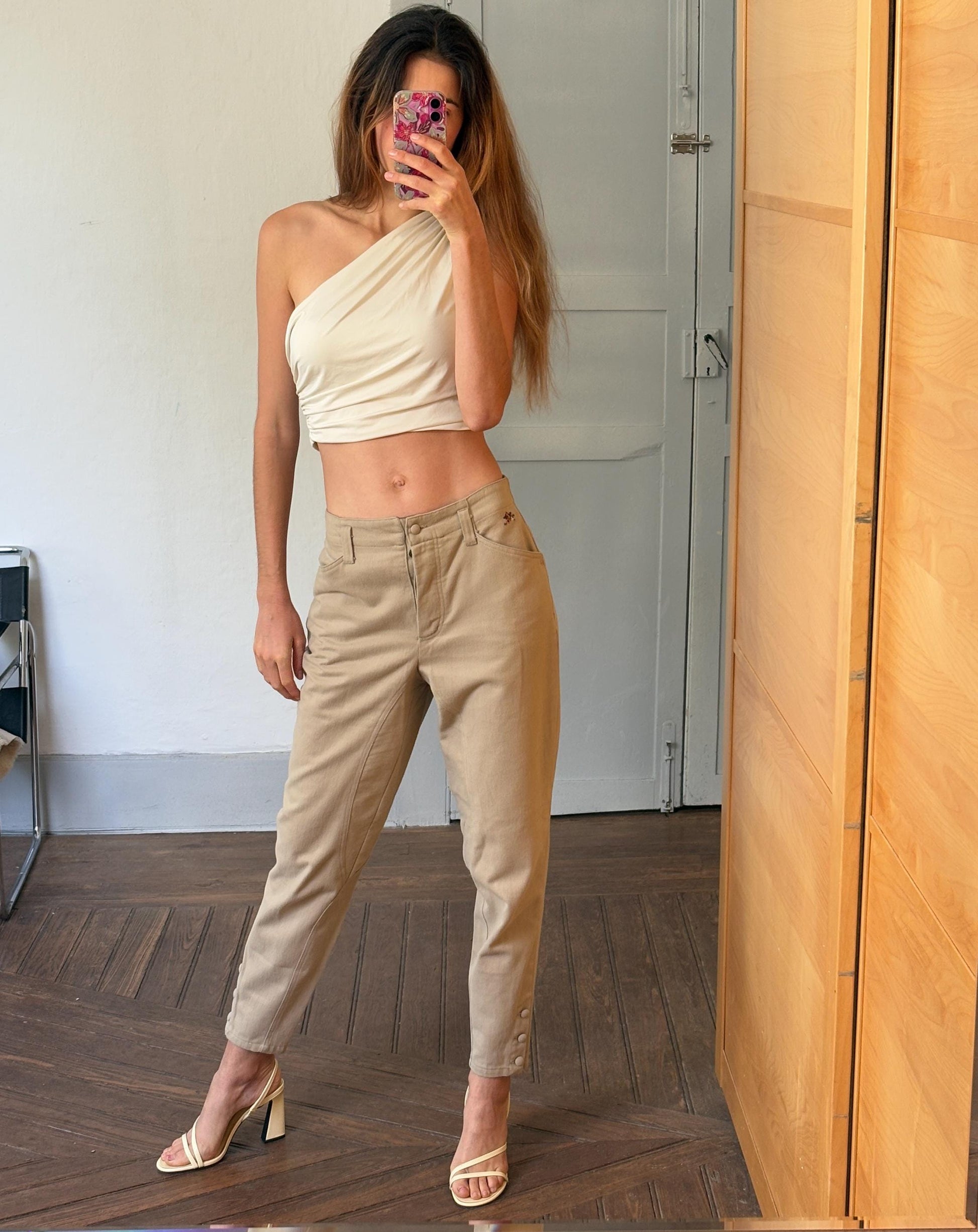 Vintage cotton beige Horse Riding style pants, High waist elegant formal carrot leg pants, Light beige cotton trousers, Made in Italy, 38 -M