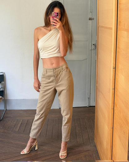 Beige Vintage Cotton High-Waist Riding Pants — fabric close-up