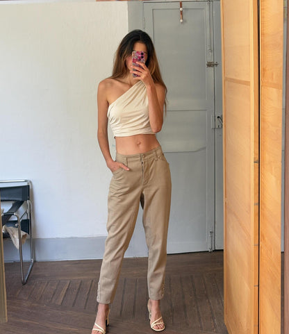 Beige Vintage Cotton High-Waist Riding Pants — detail