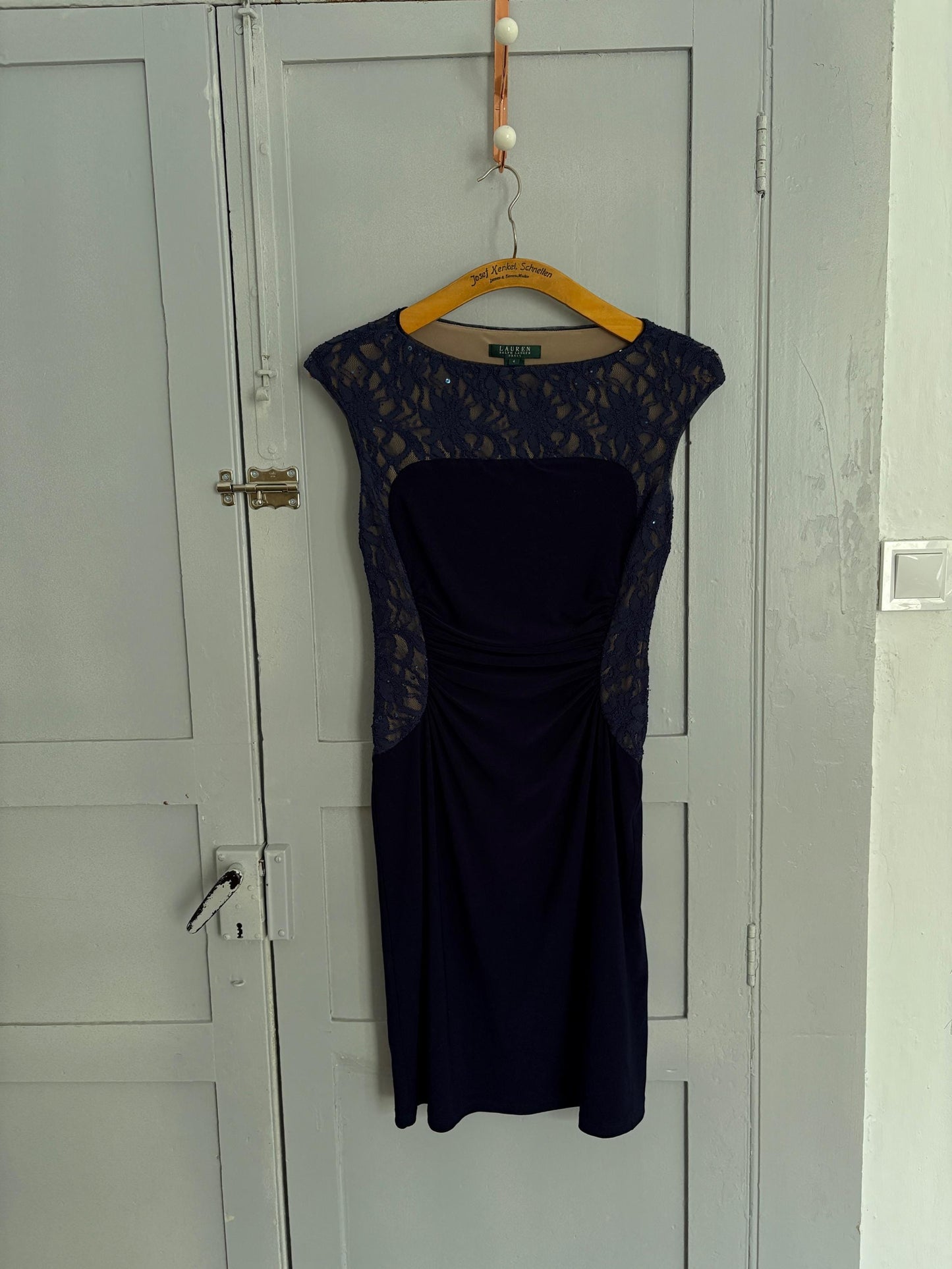 Vintage Lace Lauren Ralph Lauren blue midi dress, Elegant navy blue Designer hourglass dress, Formal event evening summer dress, S