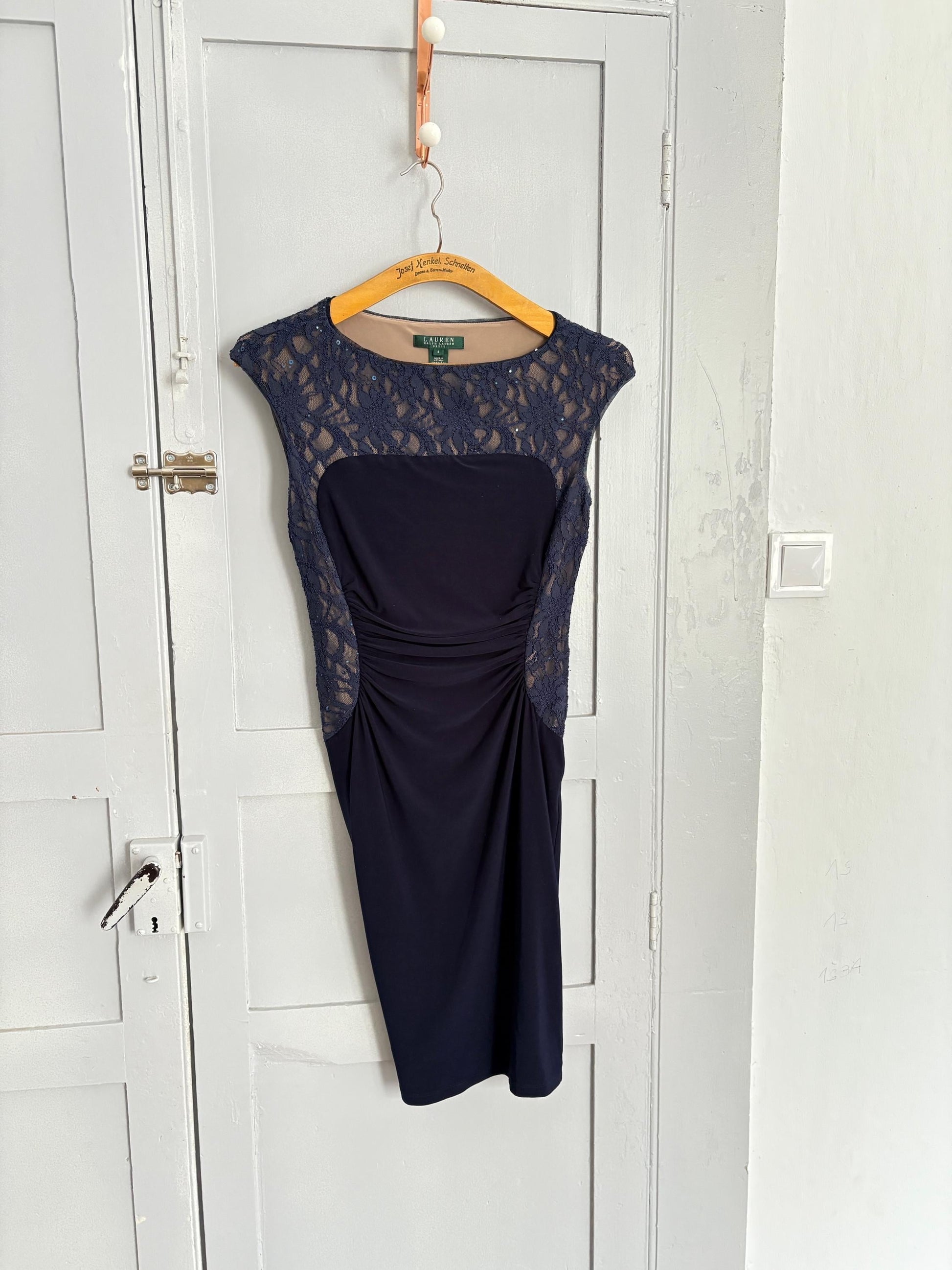 Vintage Lace Lauren Ralph Lauren blue midi dress, Elegant navy blue Designer hourglass dress, Formal event evening summer dress, S