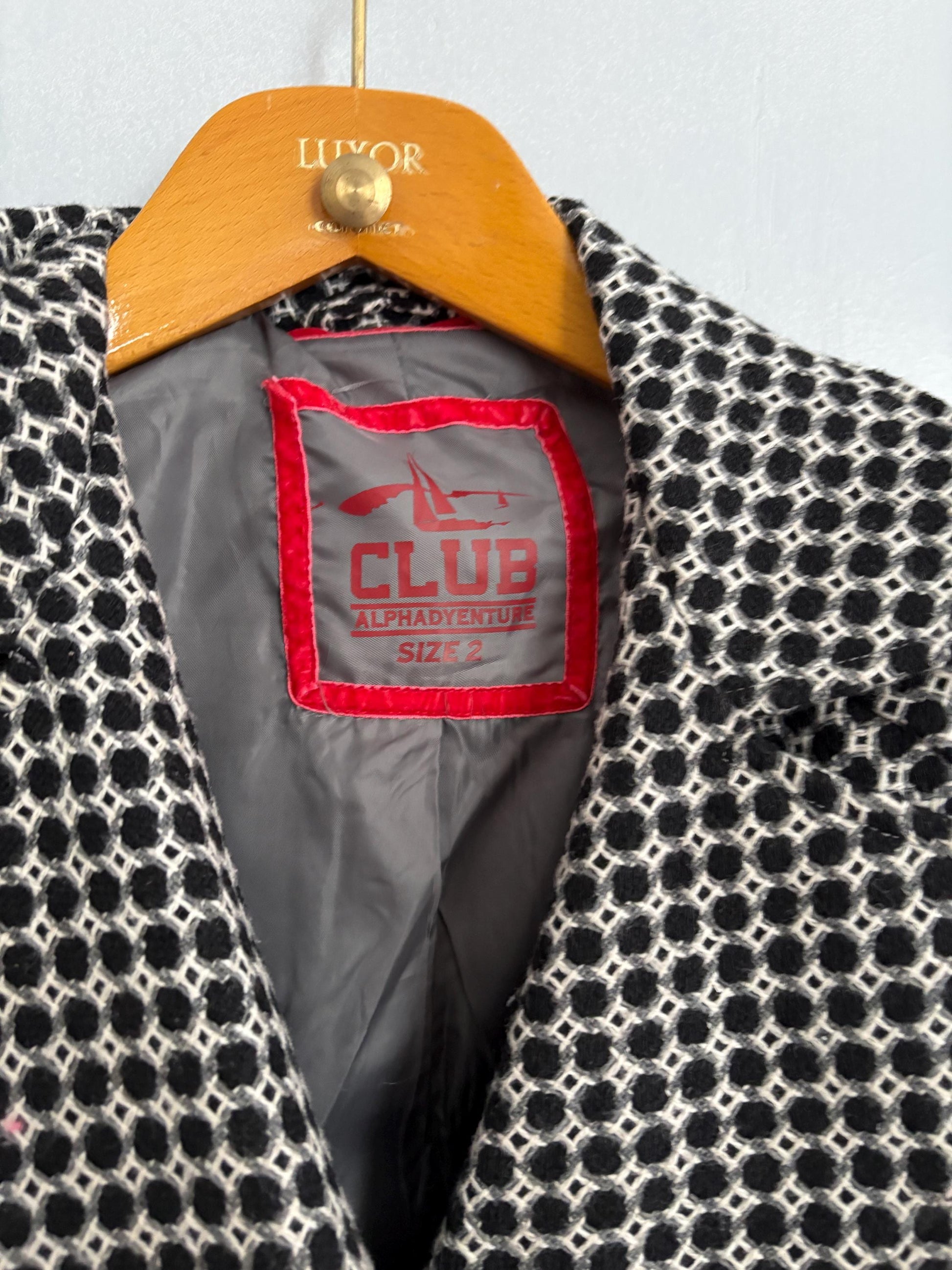 Vintage Monochrome Belted Coat | Parisian-Inspired Club AlphaDyenture Statement Jacket | Size S