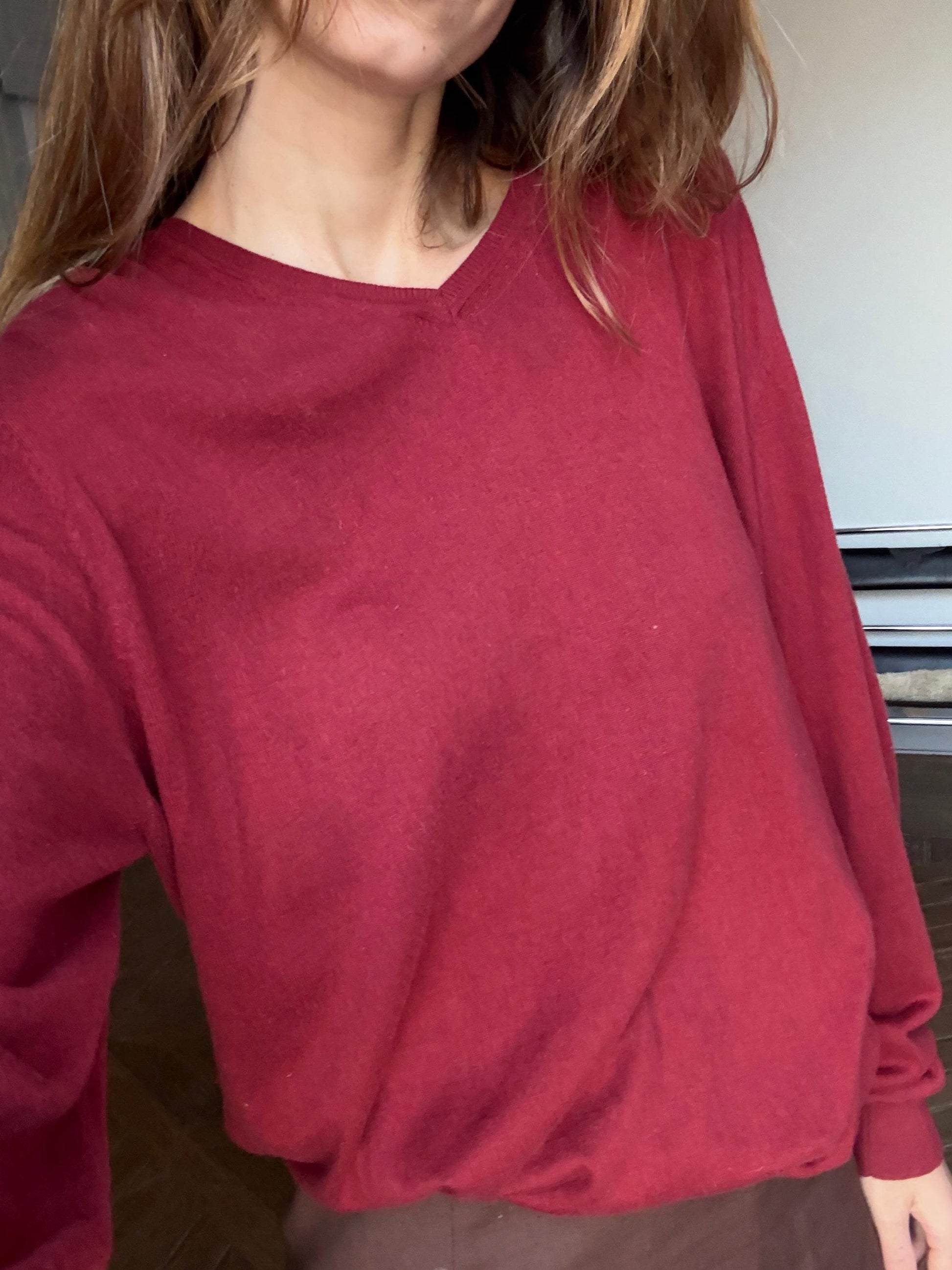 Massimo Dutti Cashmere Silk Blend Jumper – Deep Red Oversized Vintage Pullover (XL-XXL)