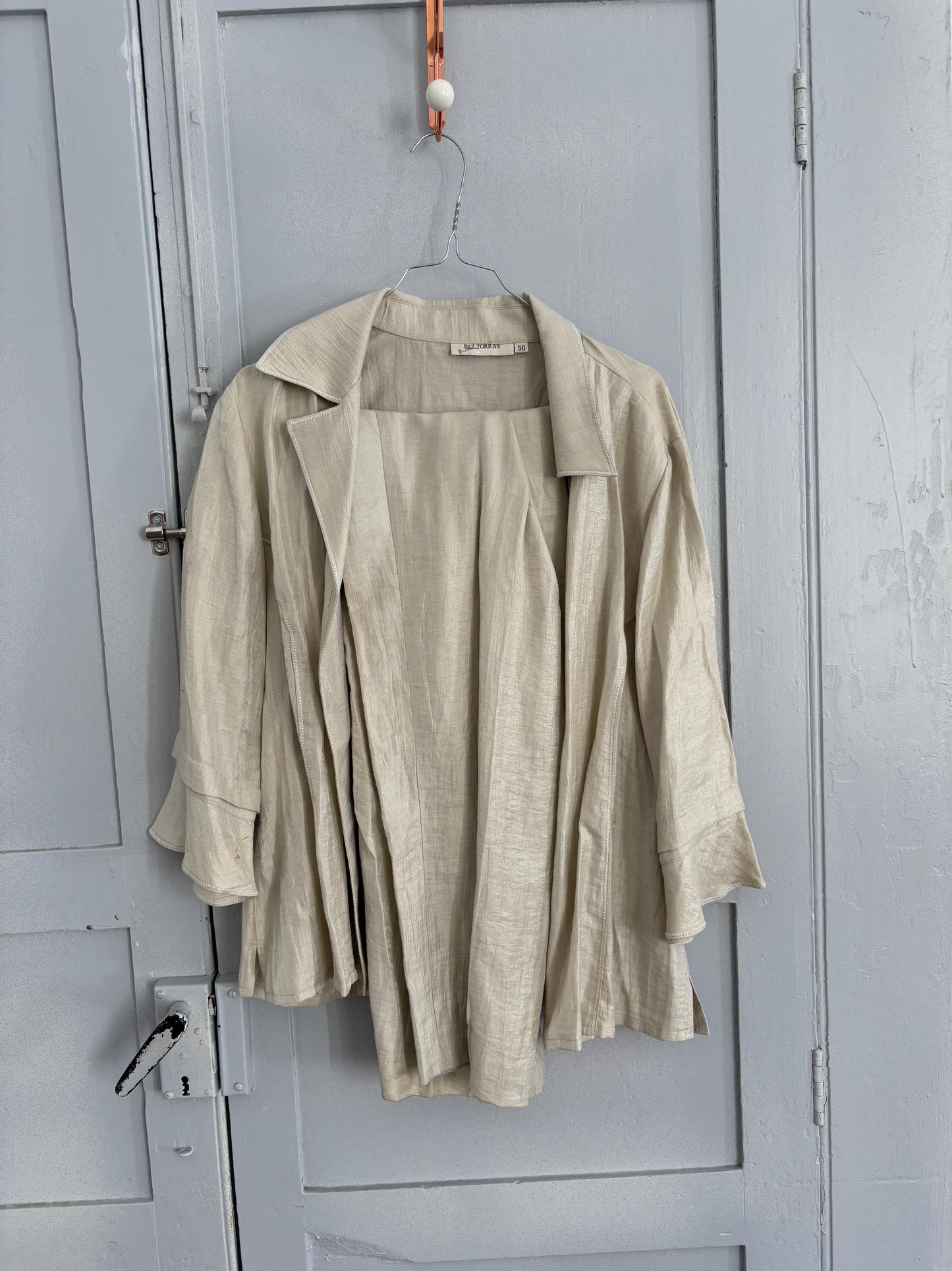 Vintage Paz Torras designer fashion two piece. Glitter sand linen set. Skirt and pants luxury Wedding guest outfit, Size XXL