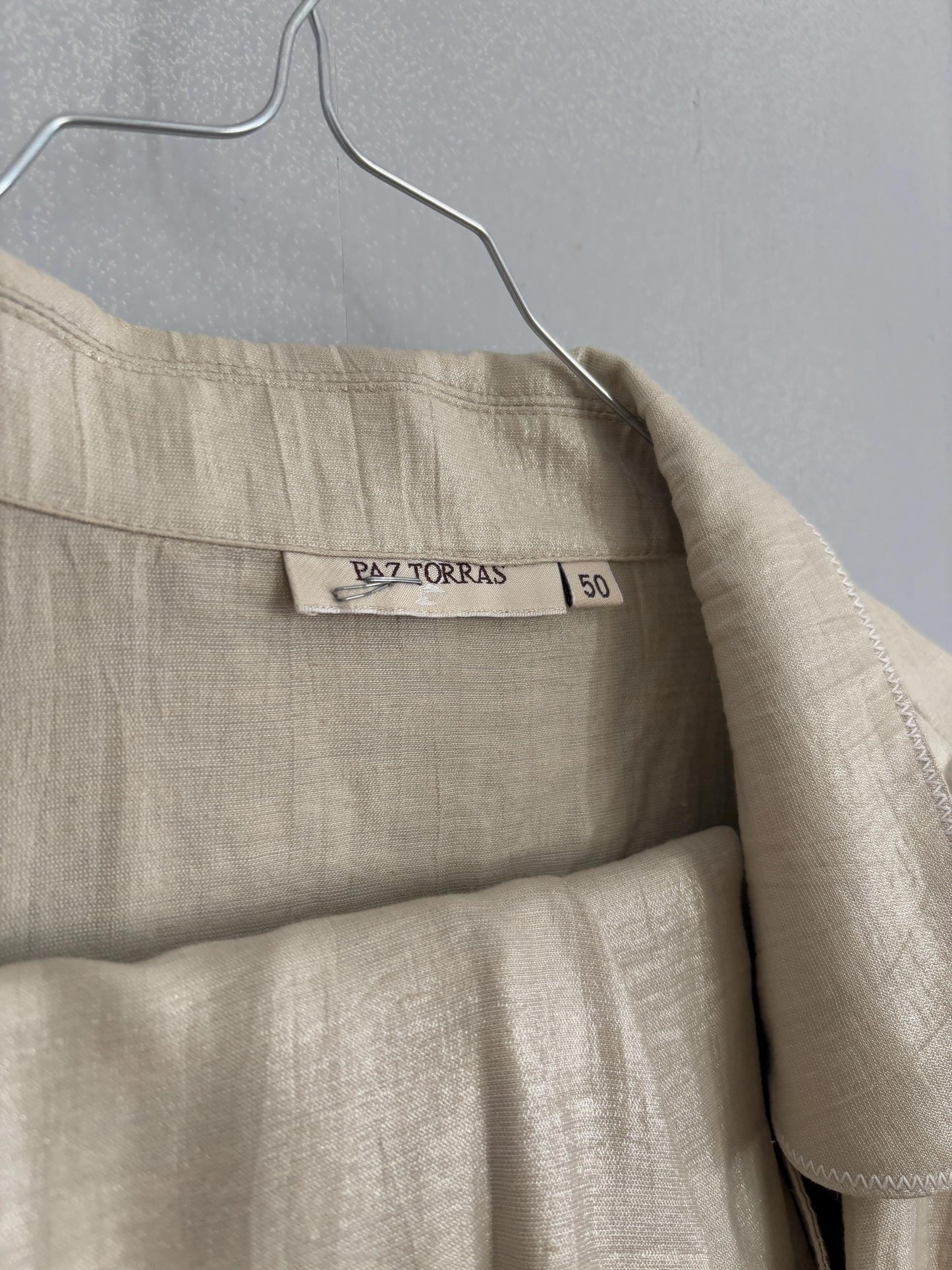 Vintage Paz Torras designer fashion two piece. Glitter sand linen set. Skirt and pants luxury Wedding guest outfit, Size XXL