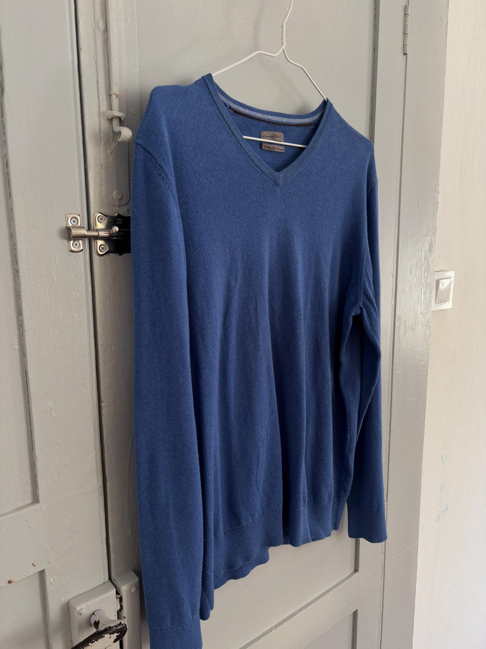 Vintage Emidio Tucci Blue cotton - silk - cashmere pullover, Vibrant Cobalt jumper, L