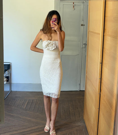 Vintage Floral Lace White Midi Skirt — back view
