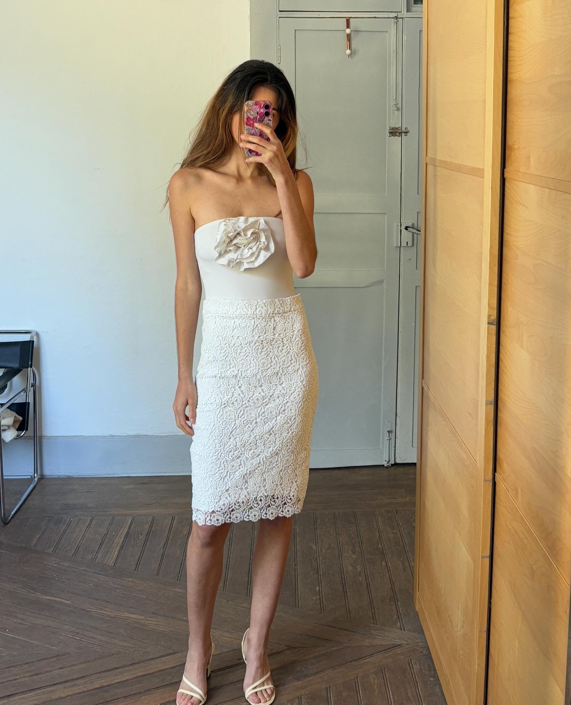 Vintage romantic floral lace white pencil skirt, Long elegant midi skirt, Lightweight vintage summer skirt, Sweet retro midi skirt