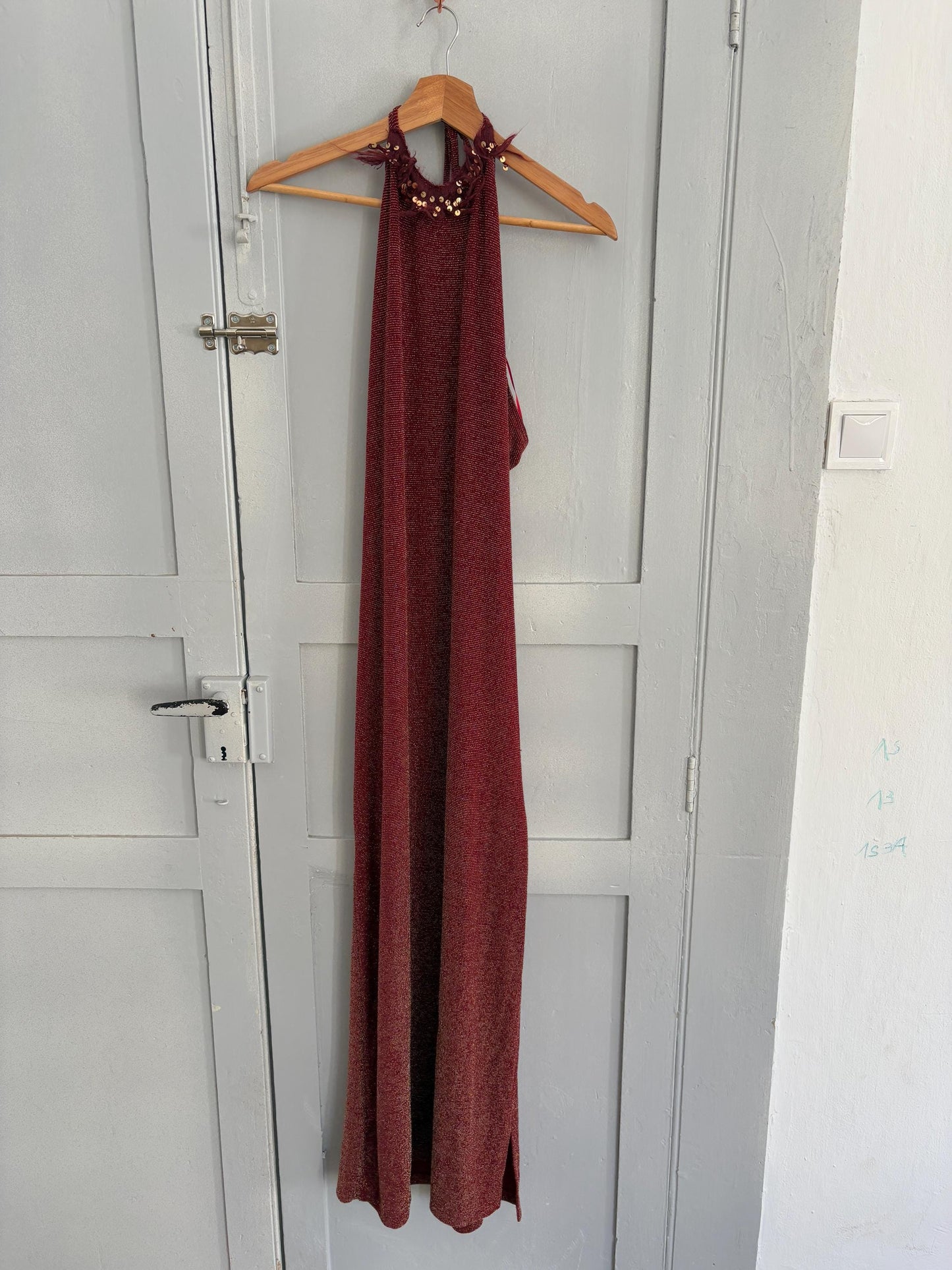 Gorgeous red sparkly long dress, Vintage elegant red maxi dress, high neck open back valentines day outfit, Luxury summer dress, S