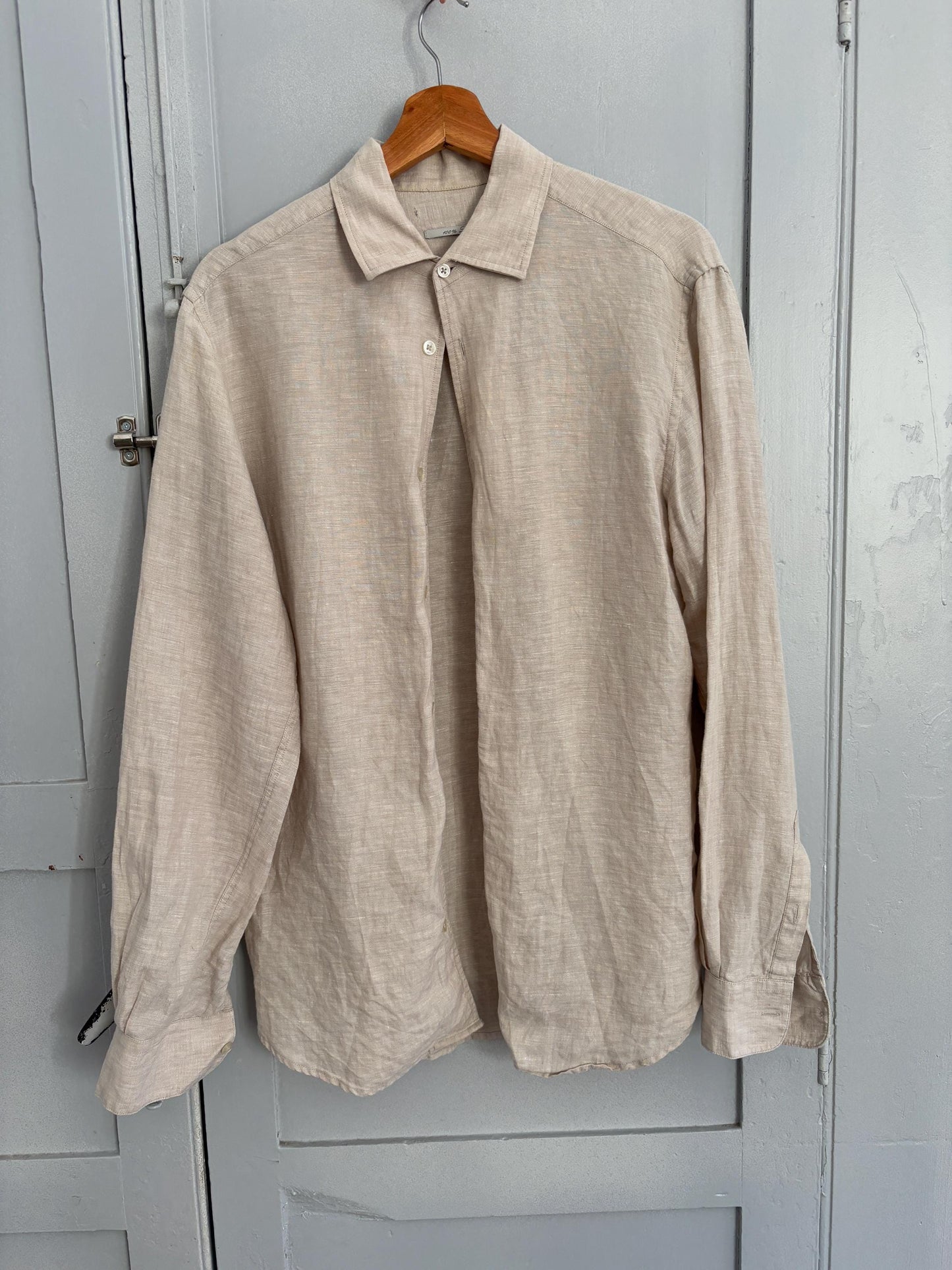 Vintage sand linen blouse, Earthy short sleeve shirt, Summer light beige Men's oxford, Oat coloured boxy fit classic formal shirt