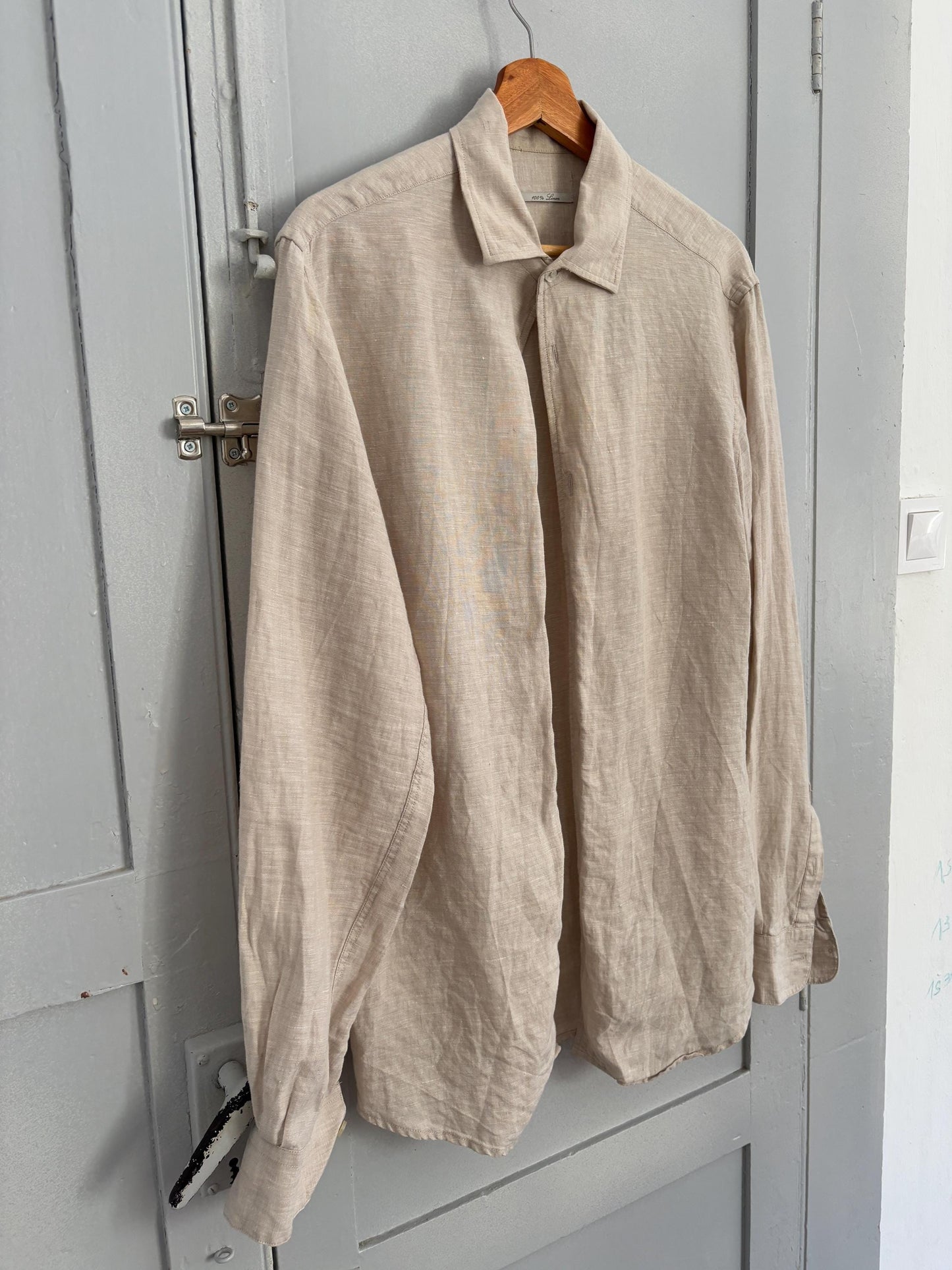 Vintage sand linen blouse, Earthy short sleeve shirt, Summer light beige Men's oxford, Oat coloured boxy fit classic formal shirt