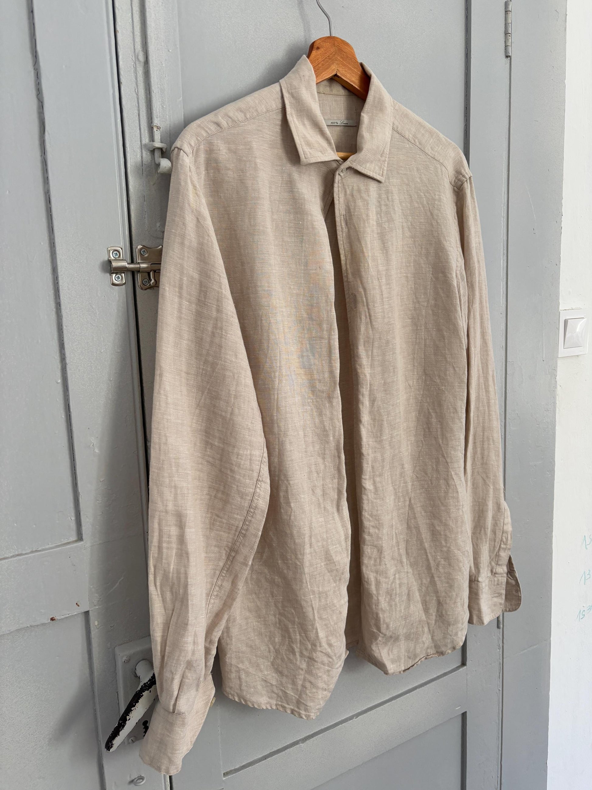 Vintage sand linen blouse, Earthy short sleeve shirt, Summer light beige Men's oxford, Oat coloured boxy fit classic formal shirt