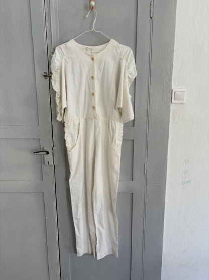 Vintage White Puff Sleeve Jumpsuit — fabric close-up
