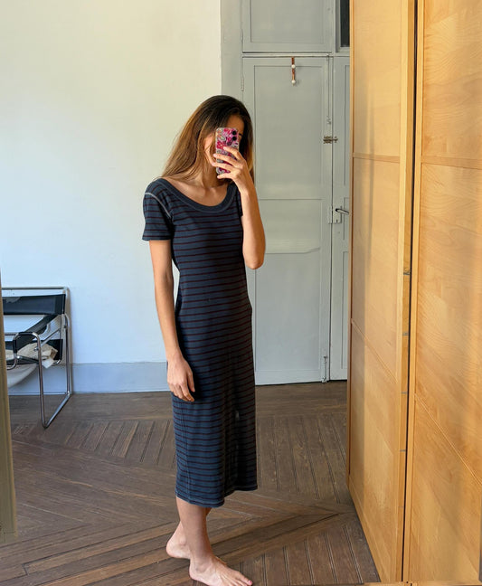 Vintage French long night dress, Solon made in France striped cotton sleep wear, Short sleeve maxi dress