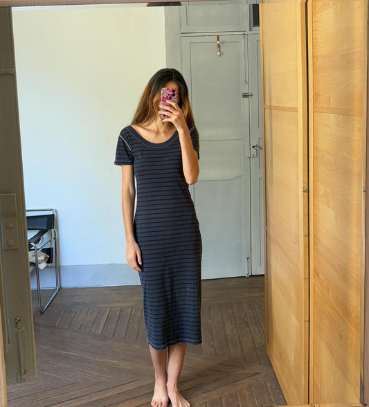 Vintage French long night dress, Solon made in France striped cotton sleep wear, Short sleeve maxi dress