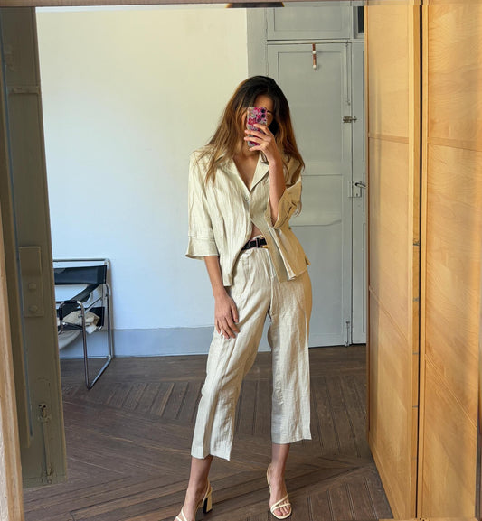 Vintage Paz Torras designer fashion two piece. Glitter sand linen set. Skirt and pants luxury Wedding guest outfit, Size XXL