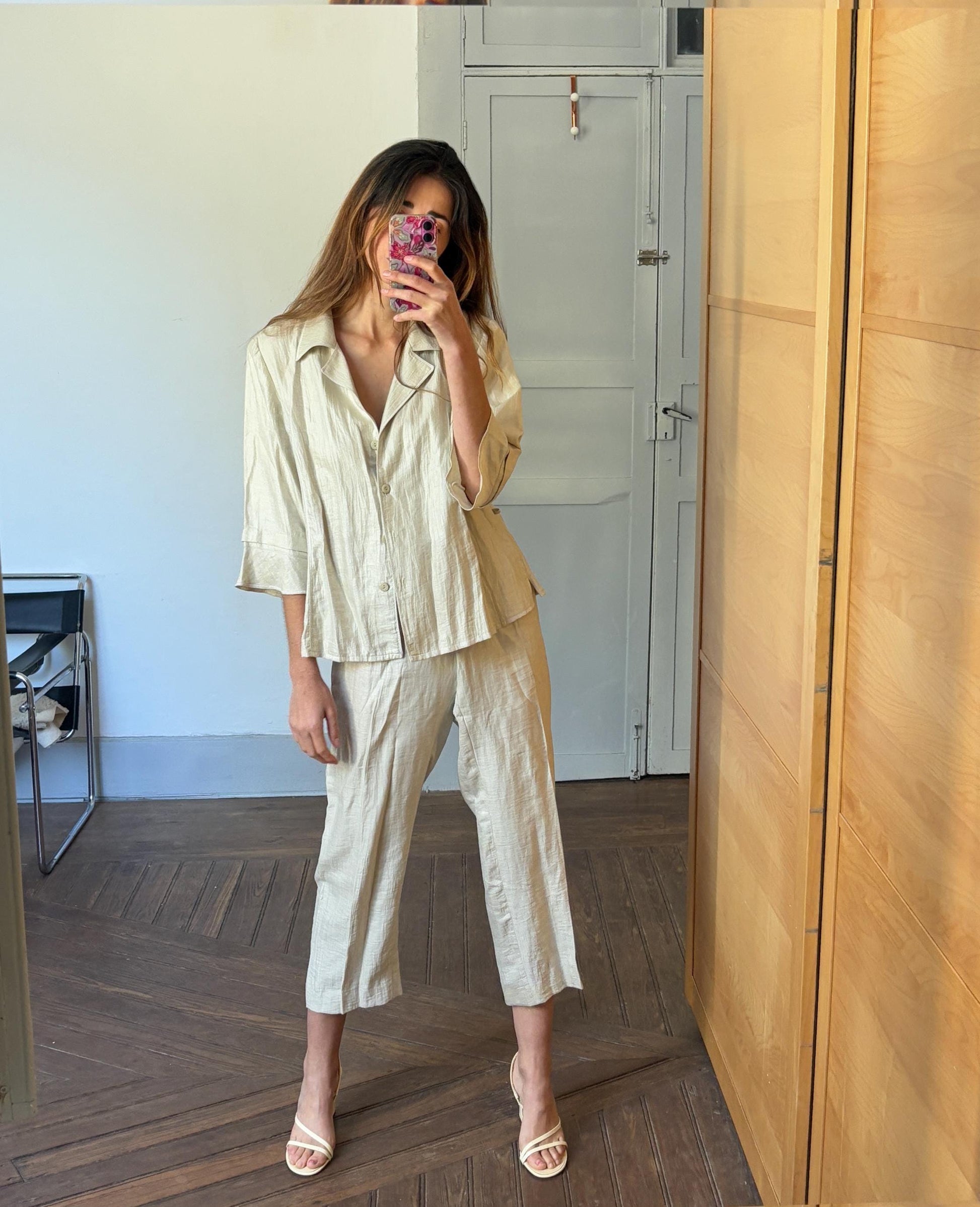 Vintage Paz Torras designer fashion two piece. Glitter sand linen set. Skirt and pants luxury Wedding guest outfit, Size XXL