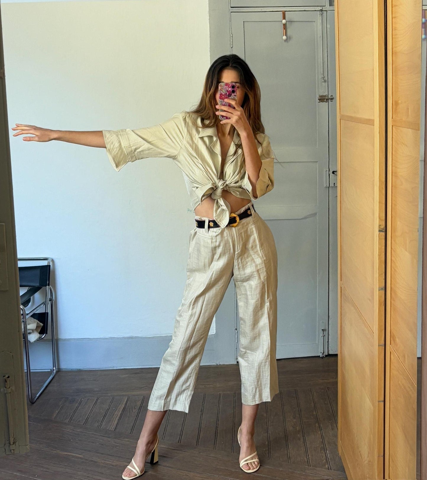 Vintage Paz Torras designer fashion two piece. Glitter sand linen set. Skirt and pants luxury Wedding guest outfit, Size XXL