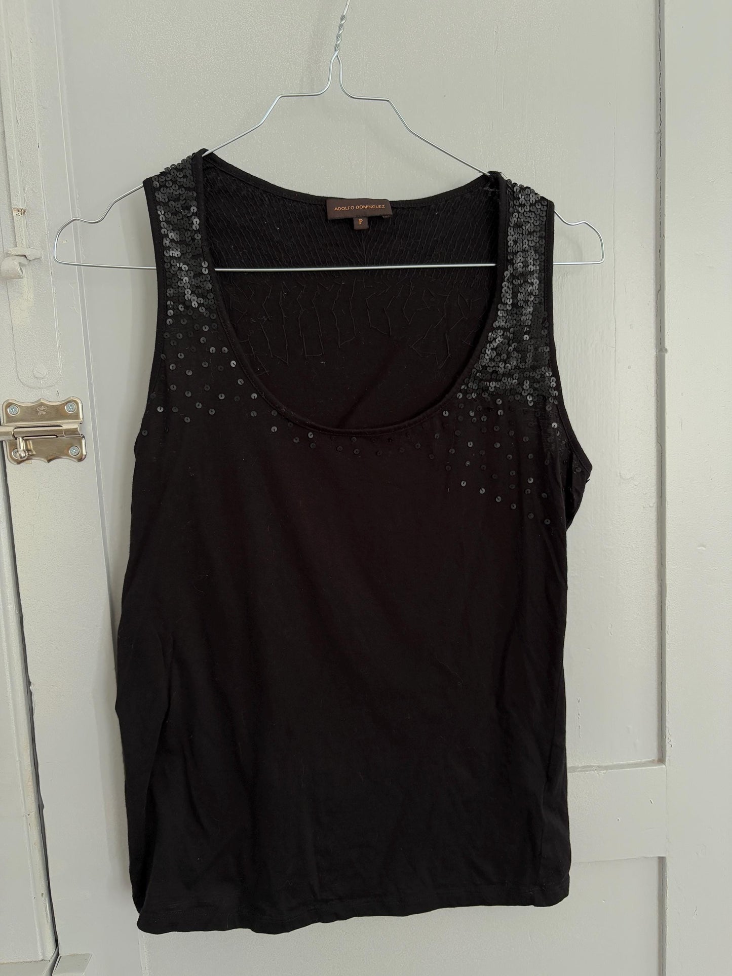 Spanish designer Vintage Adolfo Dominguez Top, luxury vintage black sequin decorated camisole, Open neck tank top, Elegant sleeveless shirt