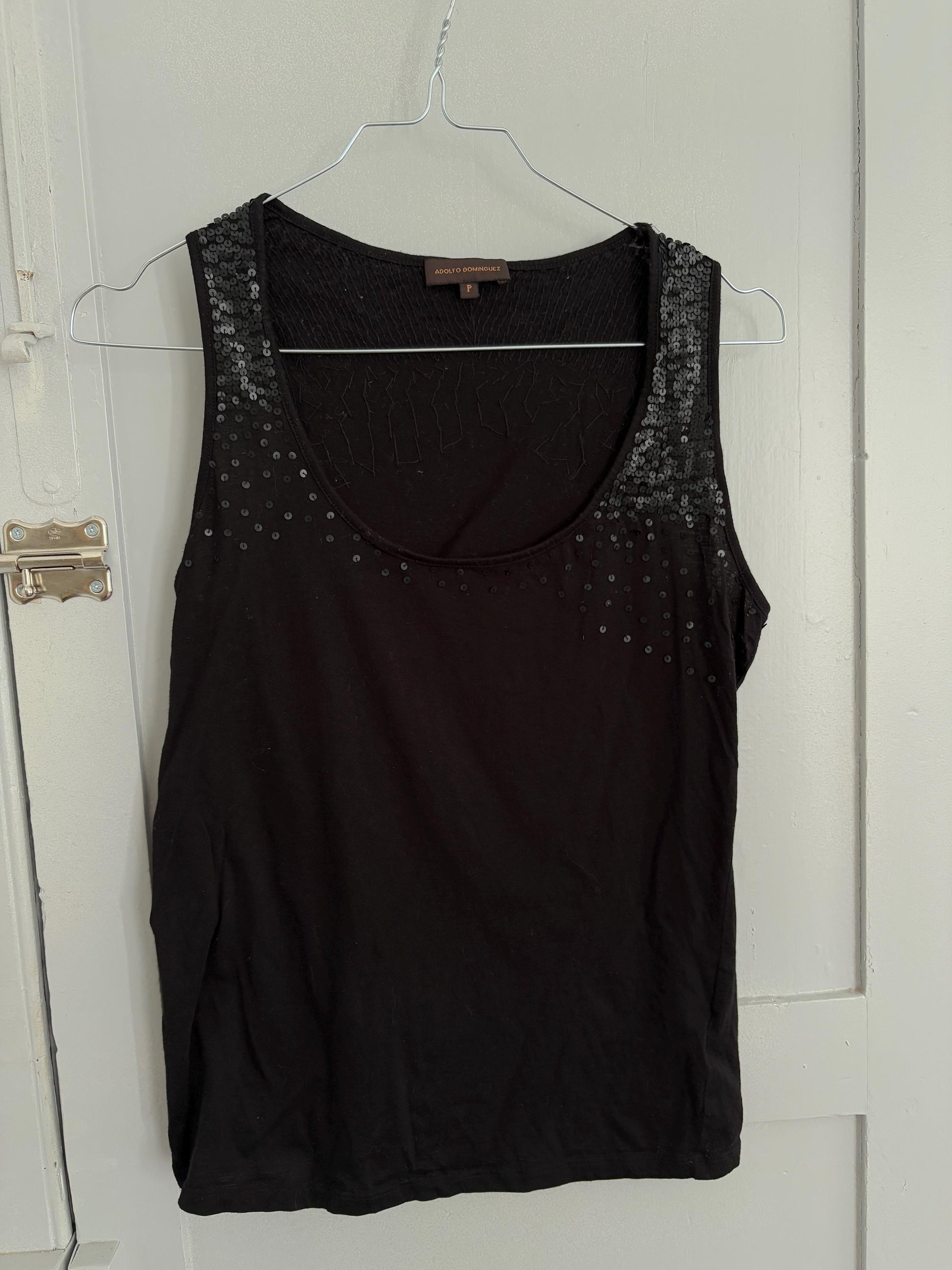 Spanish designer Vintage Adolfo Dominguez Top, luxury vintage black sequin decorated camisole, Open neck tank top, Elegant sleeveless shirt