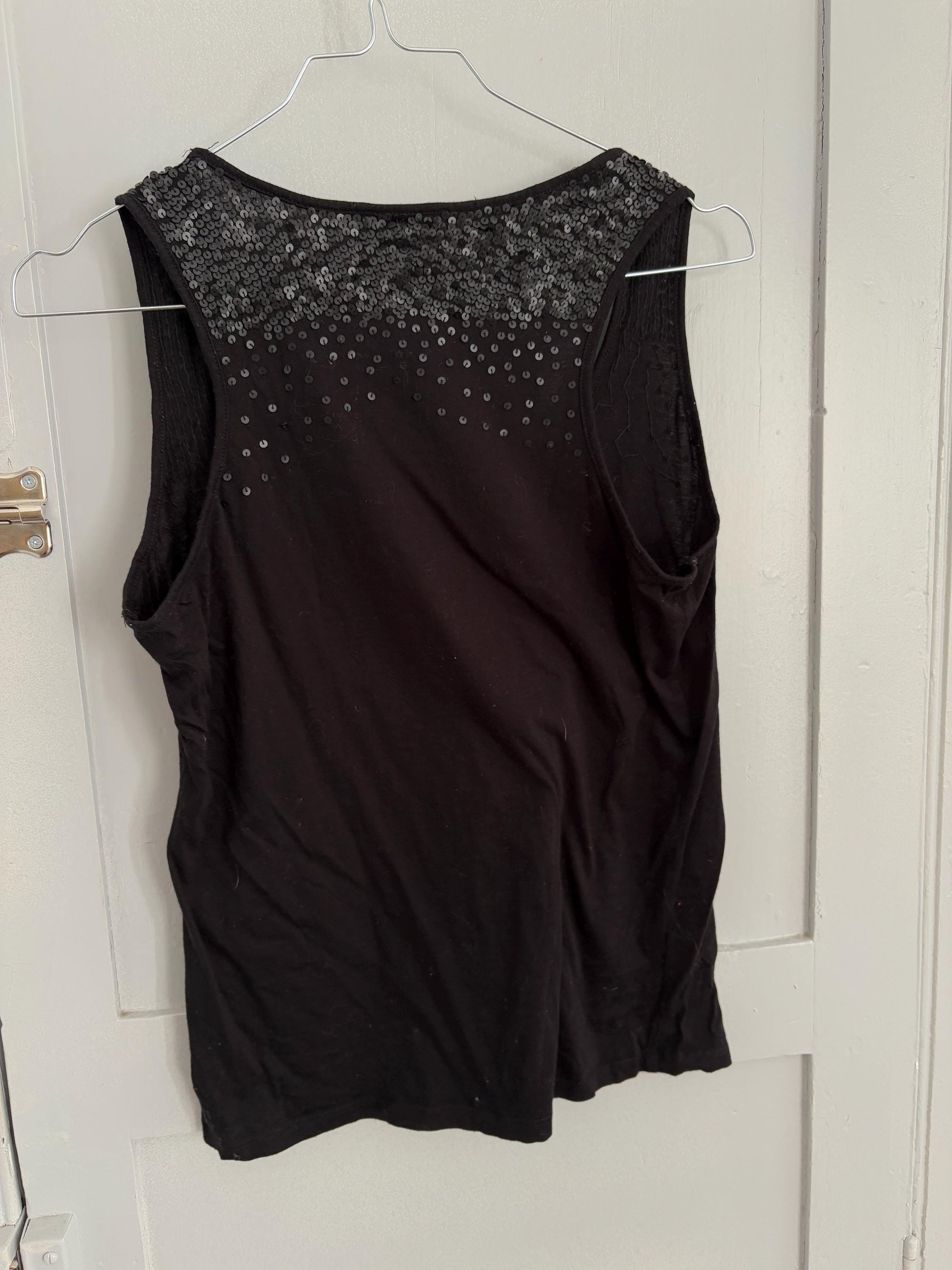 Spanish designer Vintage Adolfo Dominguez Top, luxury vintage black sequin decorated camisole, Open neck tank top, Elegant sleeveless shirt