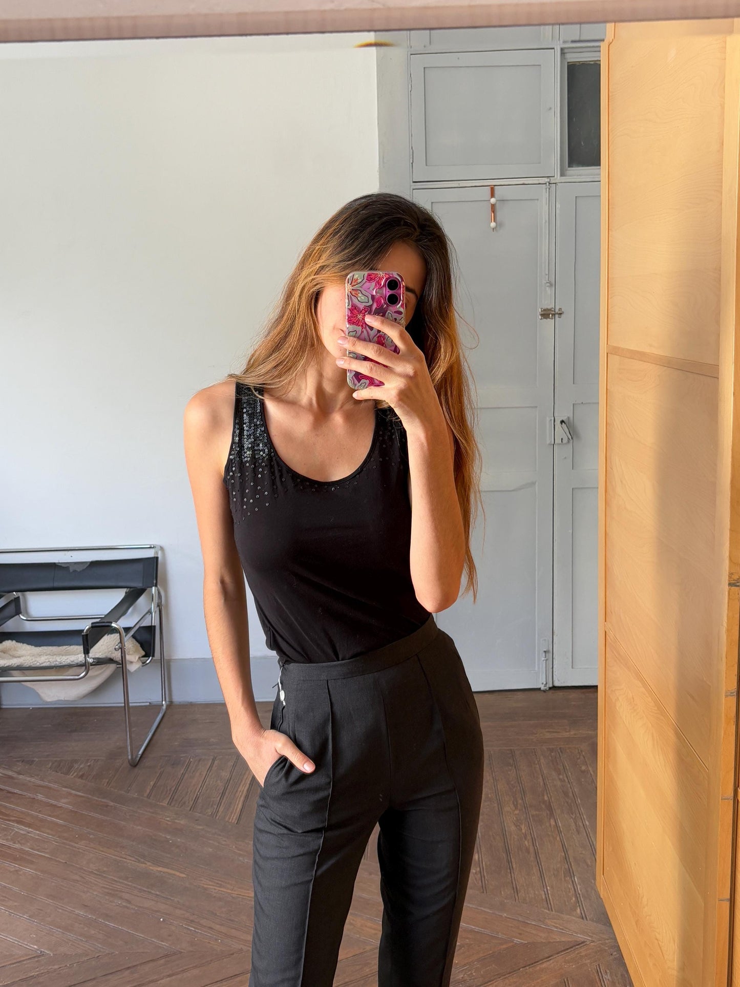 Spanish designer Vintage Adolfo Dominguez Top, luxury vintage black sequin decorated camisole, Open neck tank top, Elegant sleeveless shirt