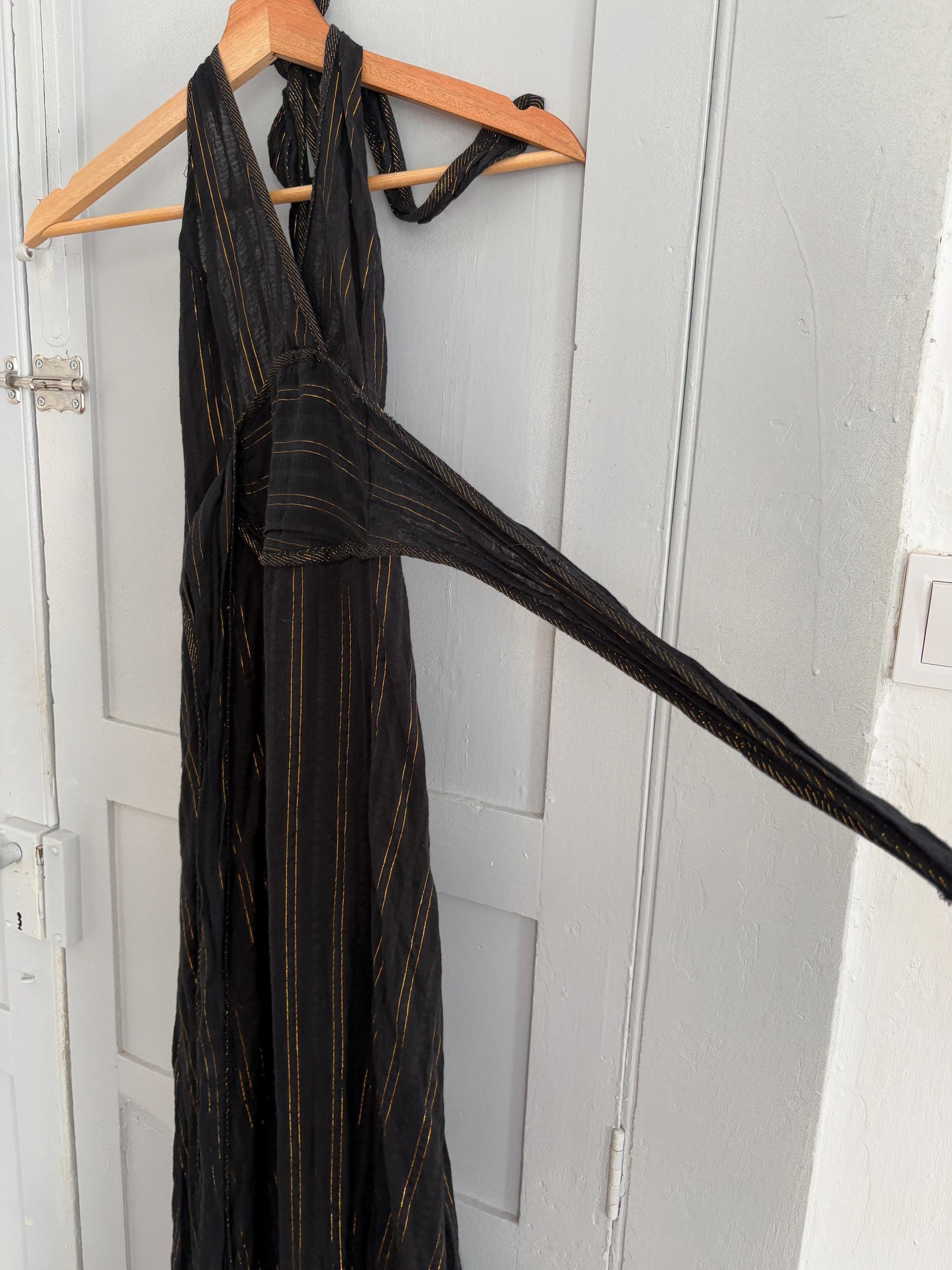 Vintage black and gold maxi dress, Designer long Basic casual loose fit summer dress, Sexy deep v neck line feminine summer clothing