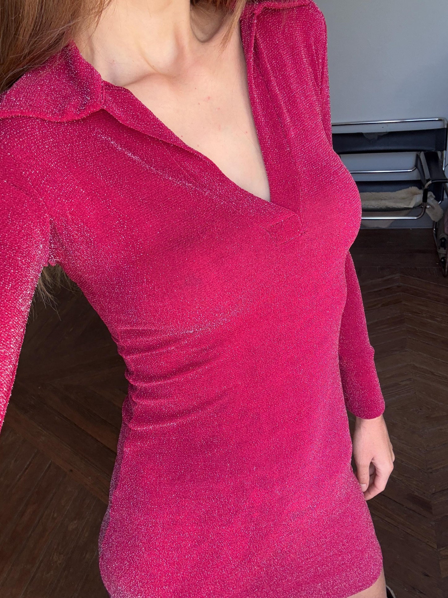 Vintage red Dress, Long sleeve groovy 70s mini Slip Dress, Minimalist pop of red colour outfit, Hourglass figure dress