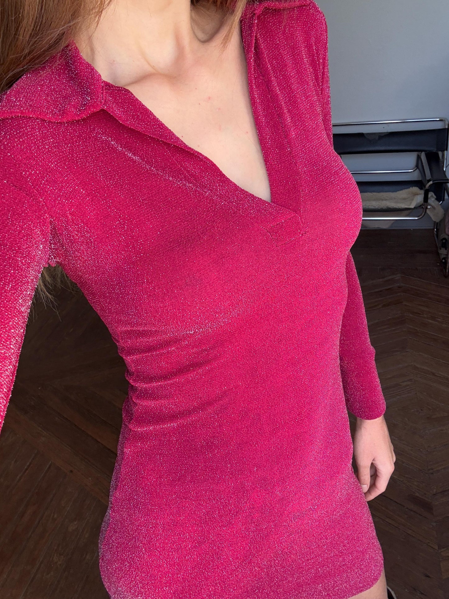 Vintage red Dress, Long sleeve groovy 70s mini Slip Dress, Minimalist pop of red colour outfit, Hourglass figure dress