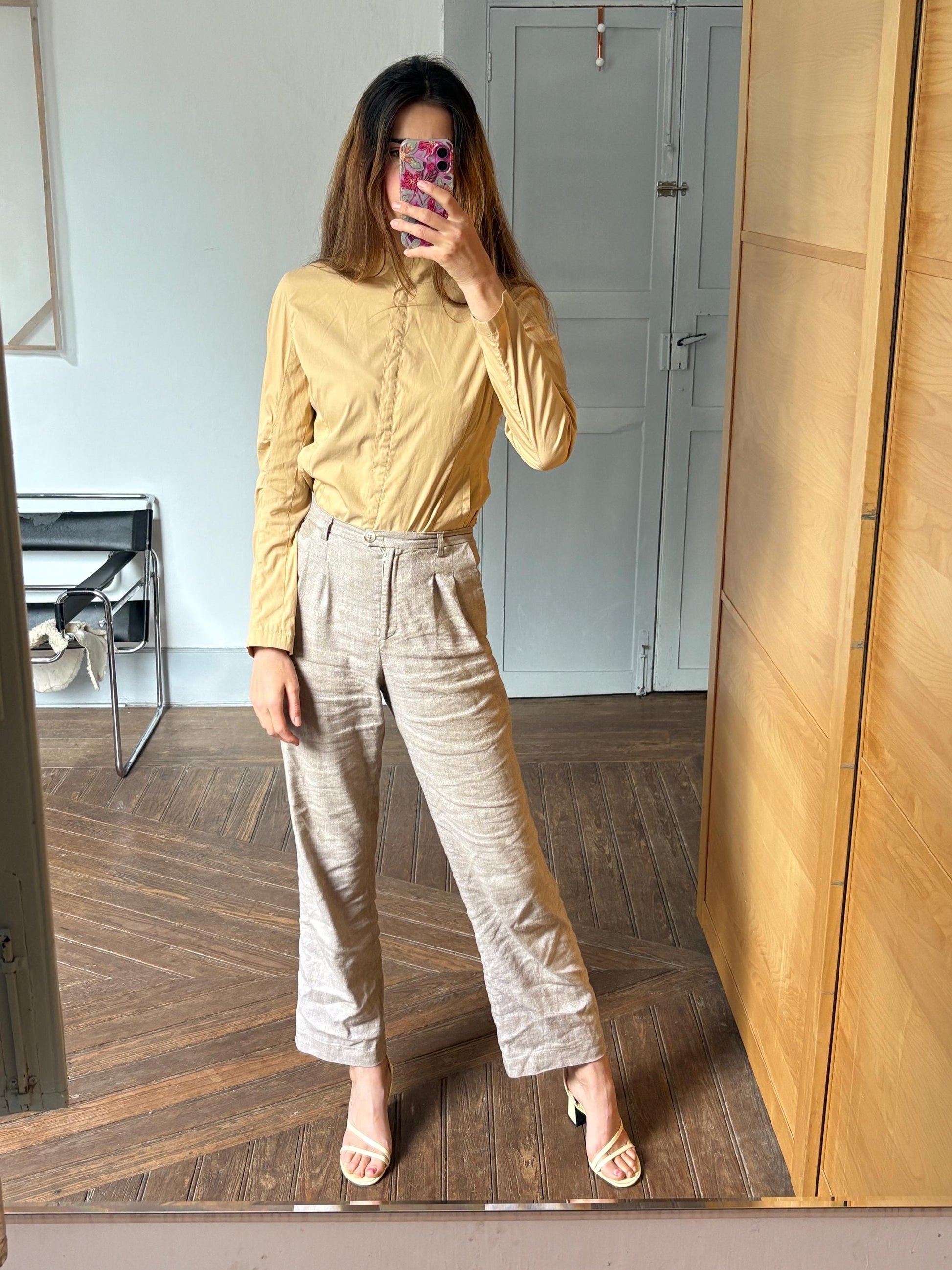 Vintage Strenesse blue beige modern fit woman shirt, minimalist button up shirt, mock neck long sleeve shirt, S