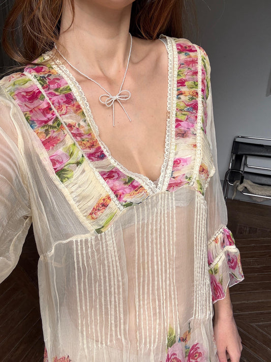 Vintage Sheer floral summer bikini dress, Sexy see through rose flower gypsy dress, Festival boho hippie beach dress