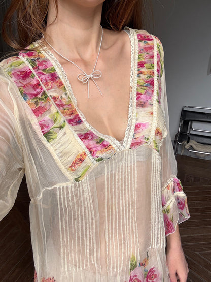 Sheer floral summer bikini dress, See through rose flower gypsy dress, Festival boho hippie