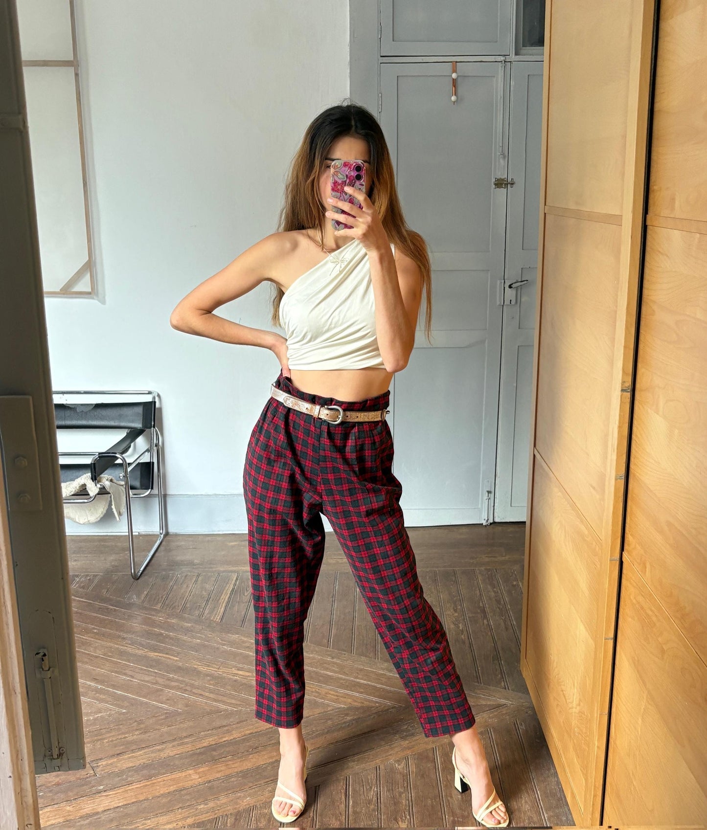 Vintage red plaid wool trousers punk inspired pants Gwen Stefani style 90s grunge tapered leg high waisted tailored fit