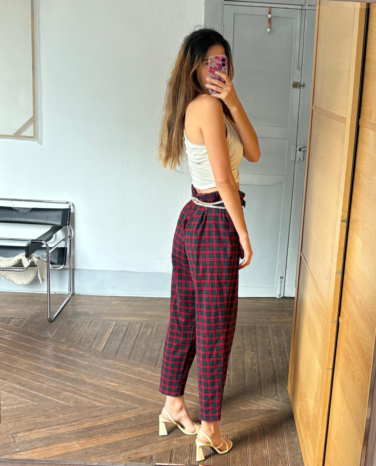 Vintage red plaid wool trousers punk inspired pants Gwen Stefani style 90s grunge tapered leg high waisted tailored fit