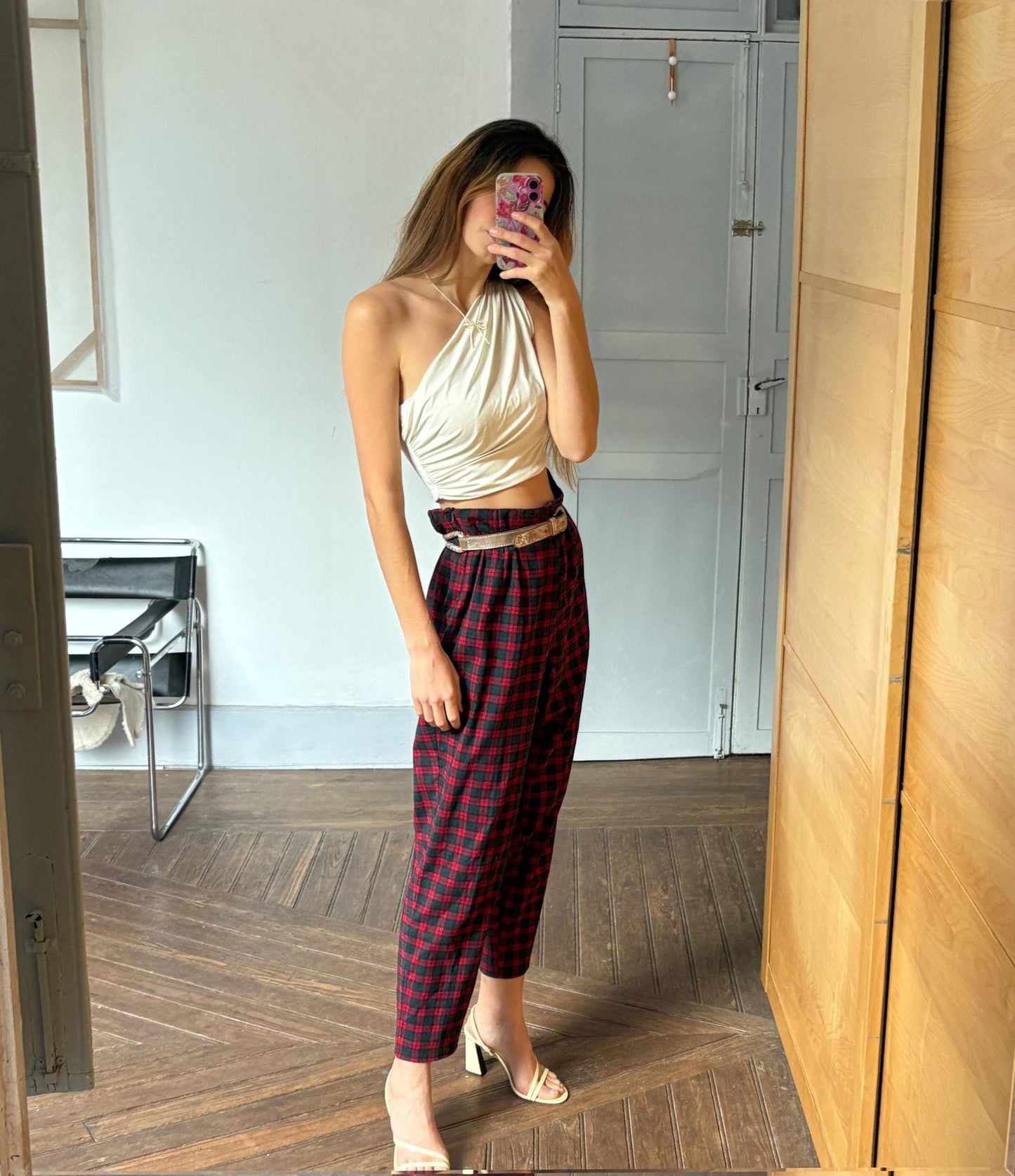 Vintage red plaid wool trousers punk inspired pants Gwen Stefani style 90s grunge tapered leg high waisted tailored fit