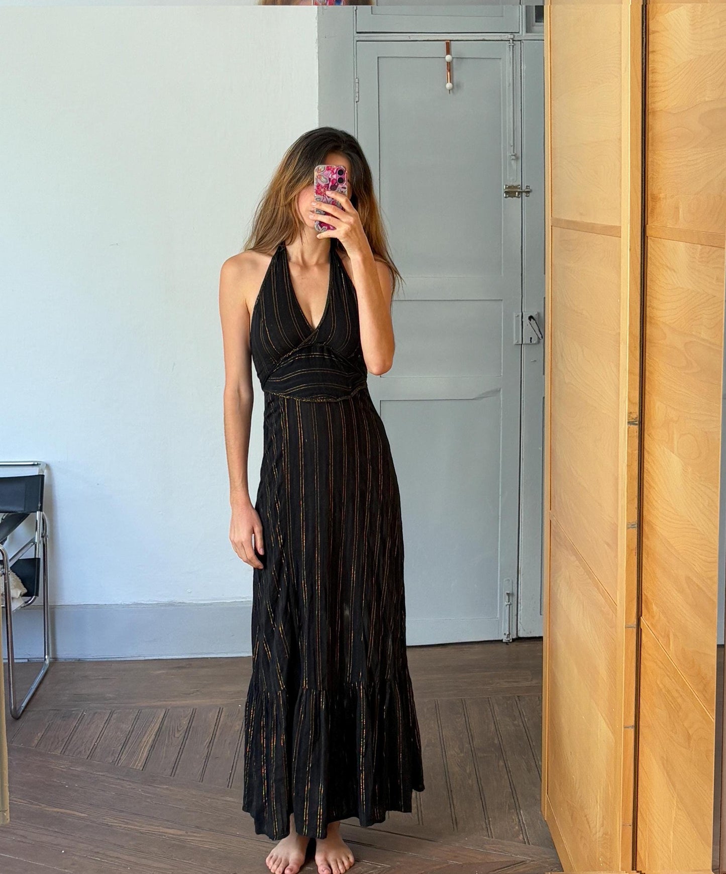 Vintage black and gold maxi dress, Designer long Basic casual loose fit summer dress, Sexy deep v neck line feminine summer clothing