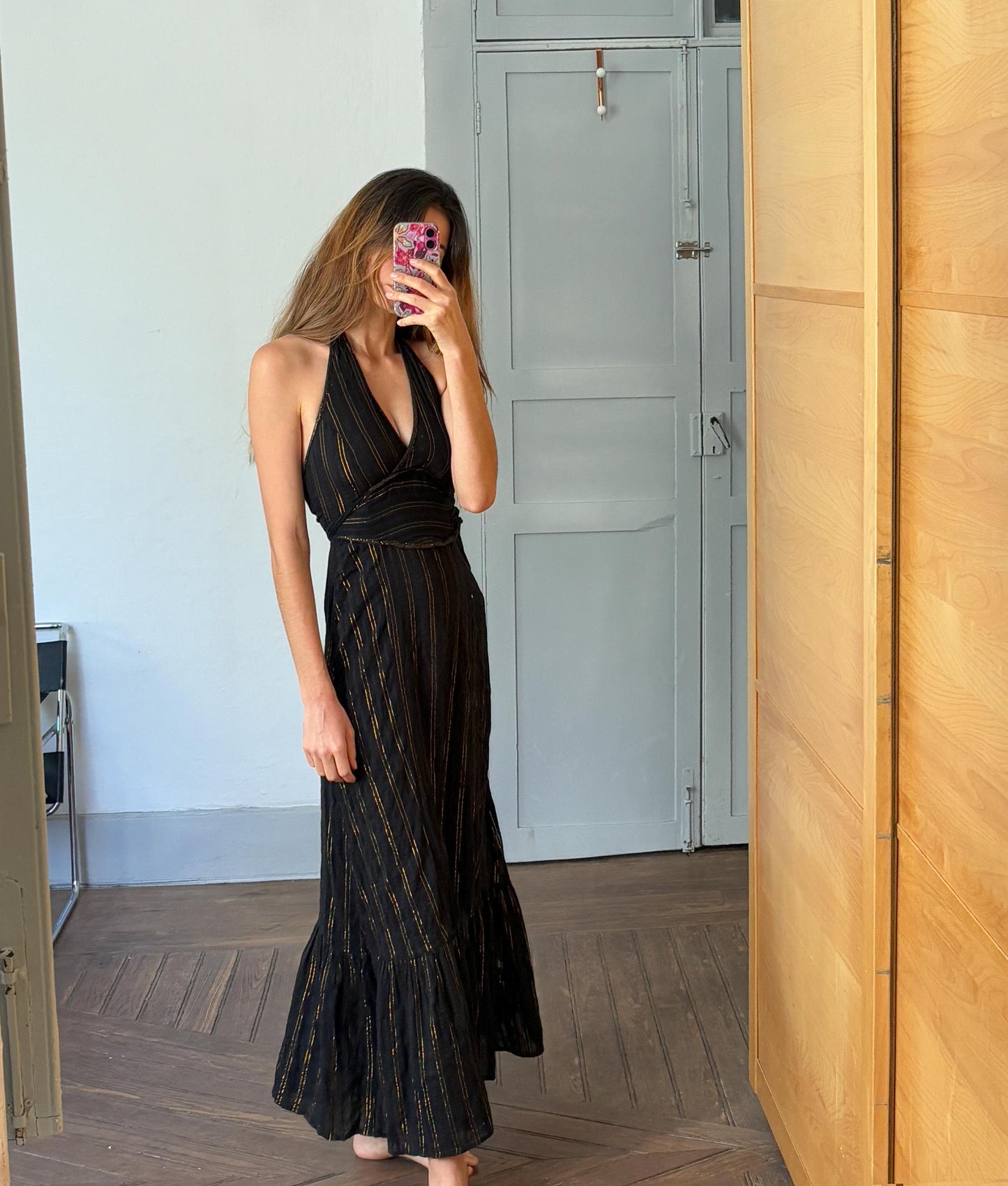 Vintage black and gold maxi dress, Designer long Basic casual loose fit summer dress, Sexy deep v neck line feminine summer clothing