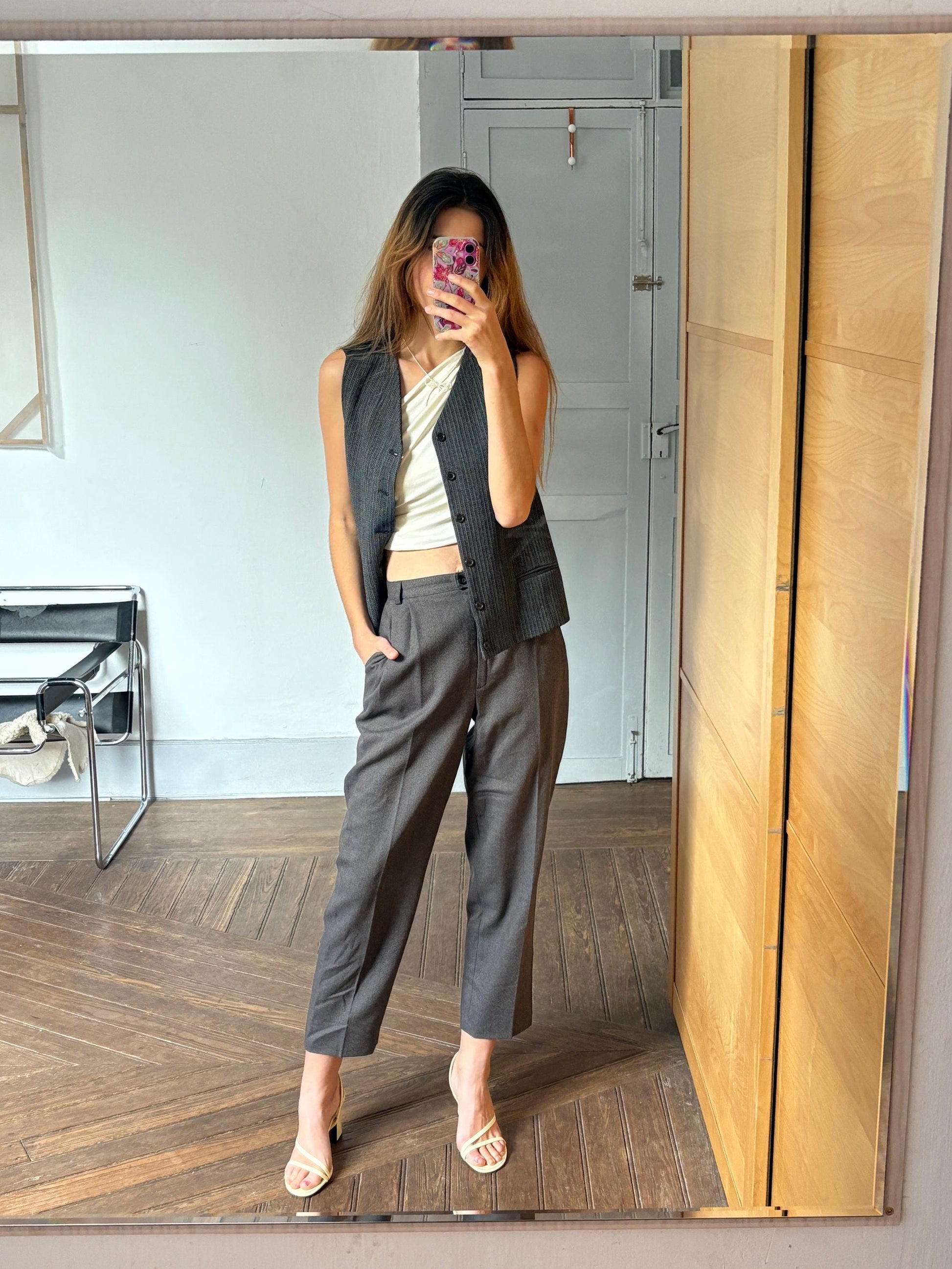 Italian design vintage wool black gilet, Basic grey striped dark academia aesthetic clothing, Cute oversized loose fit school girl uniform