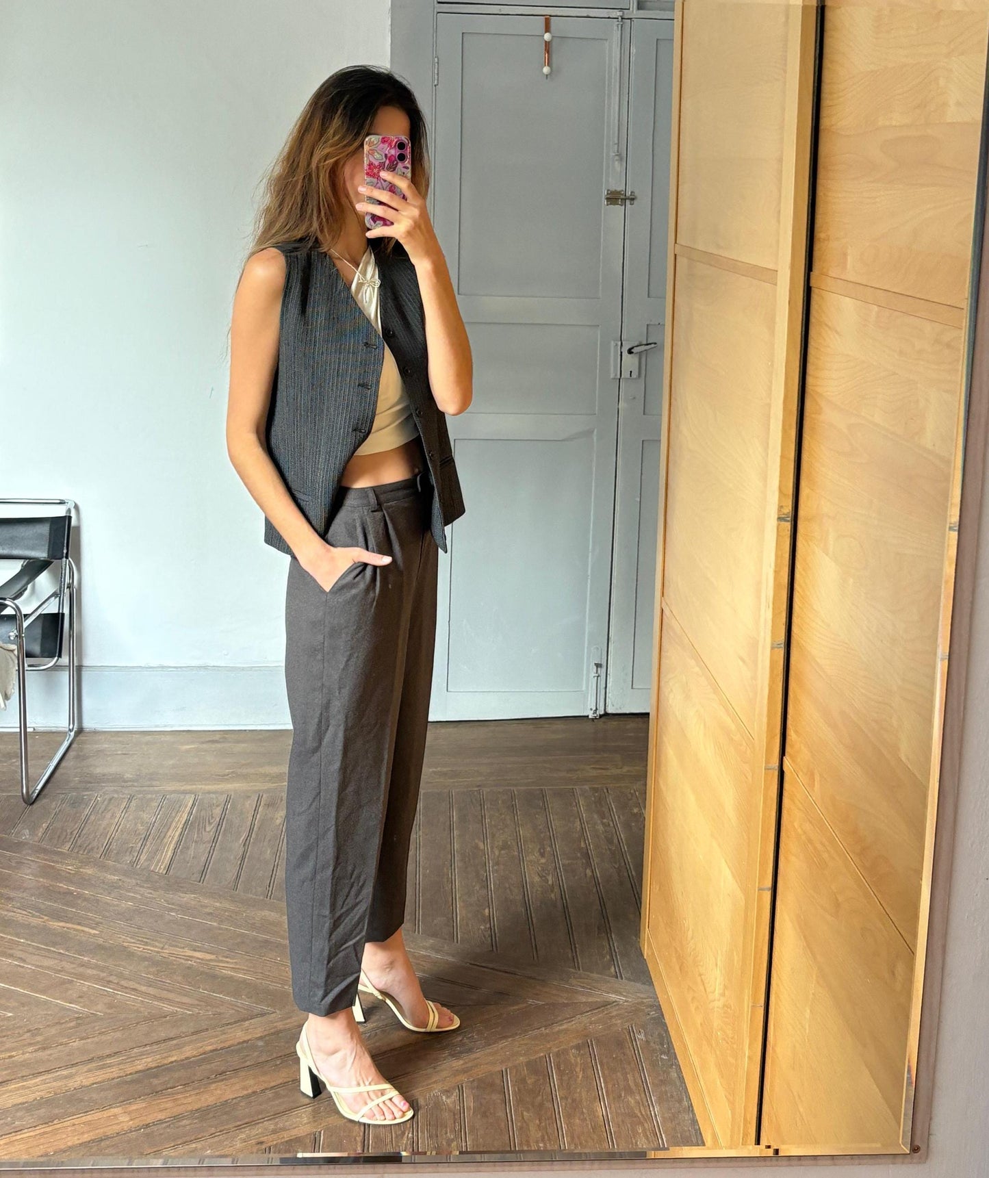 Italian design vintage wool black gilet, Basic grey striped dark academia aesthetic clothing, Cute oversized loose fit school girl uniform