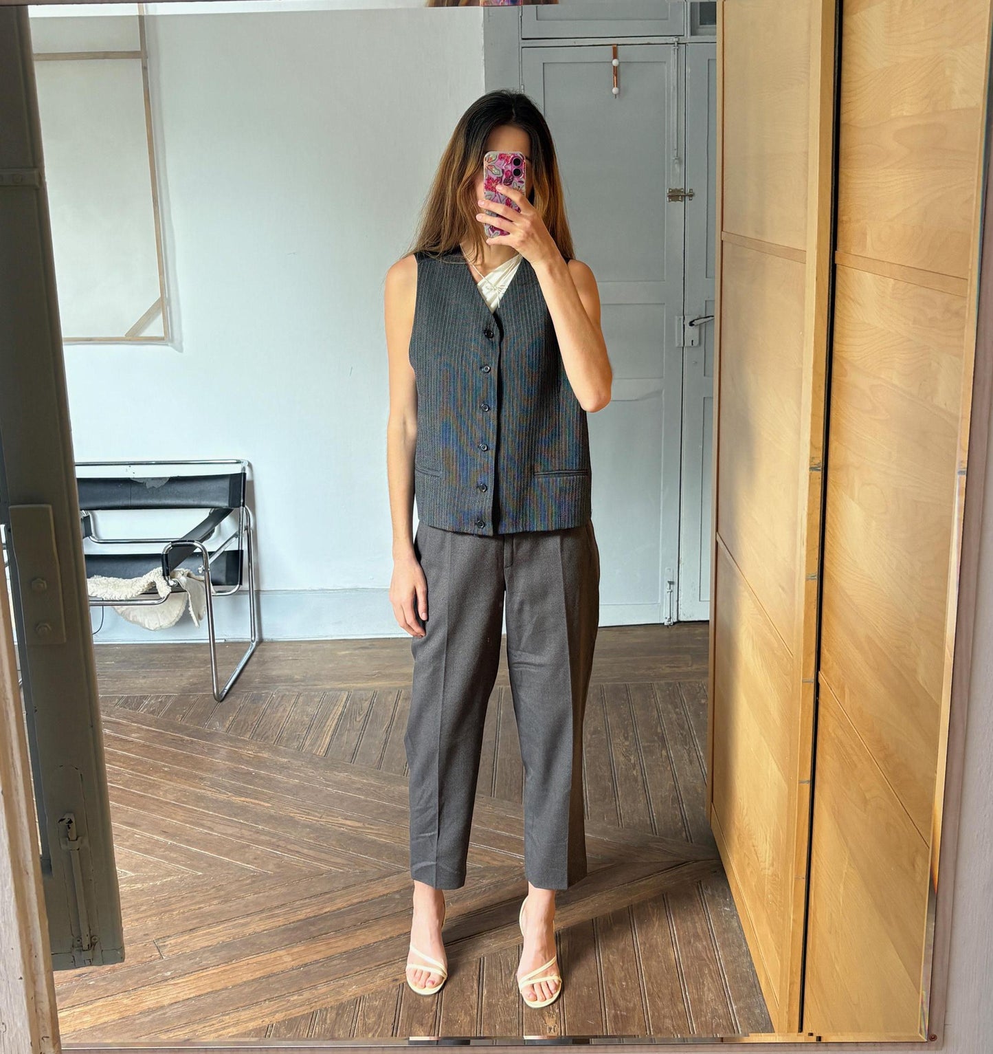 Italian design vintage wool black gilet, Basic grey striped dark academia aesthetic clothing, Cute oversized loose fit school girl uniform